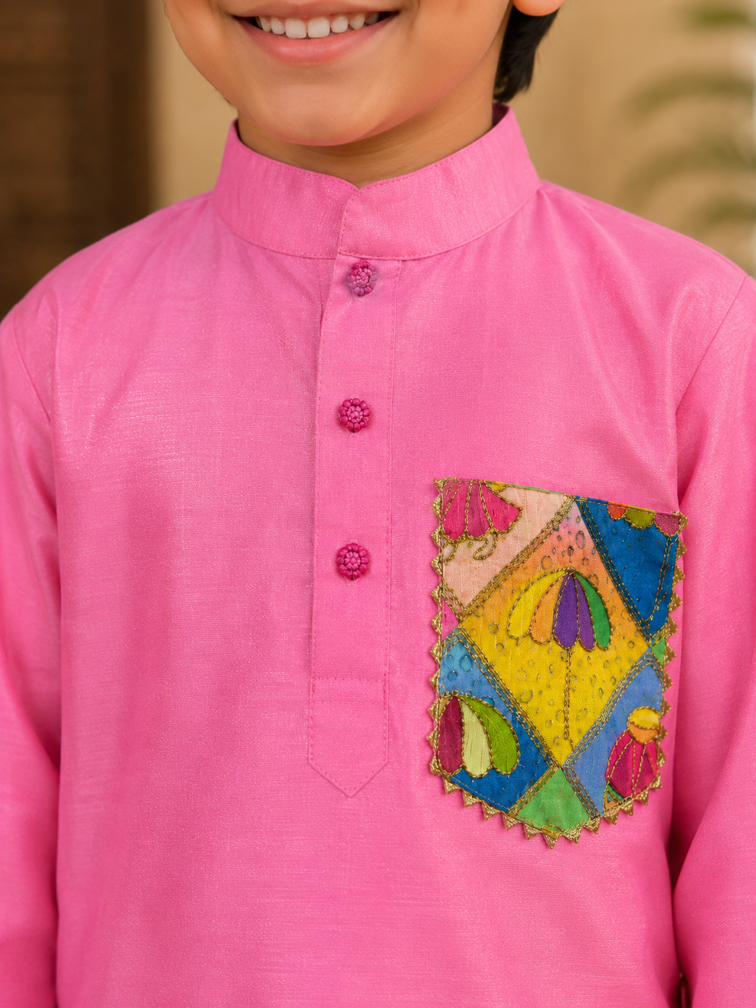 Pear Bear Boys Pink Chanderi Kurta Pajama Set with Designer Patch Pocket