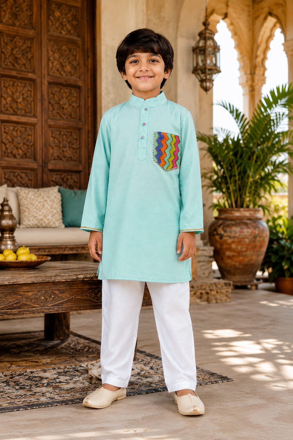 Pear Bear Boys Mint Green Chanderi Kurta Pajama Set with Designer Patch Pocket
