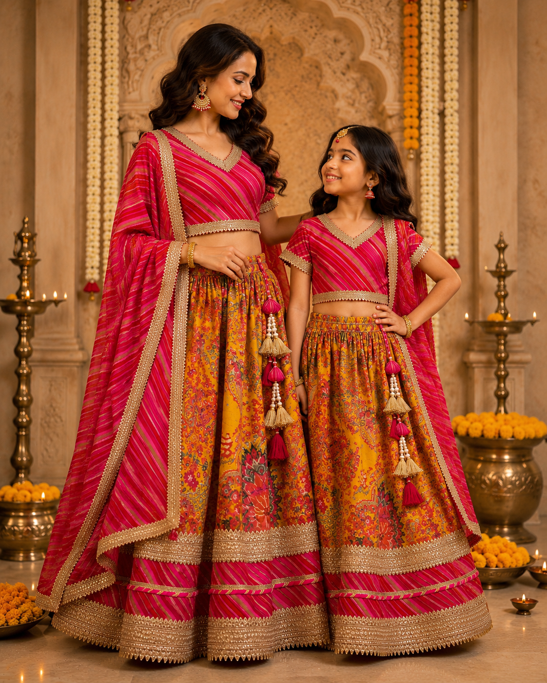 Girls Pink & Yellow Printed Lehenga Choli Set with Dupatta and Tassels