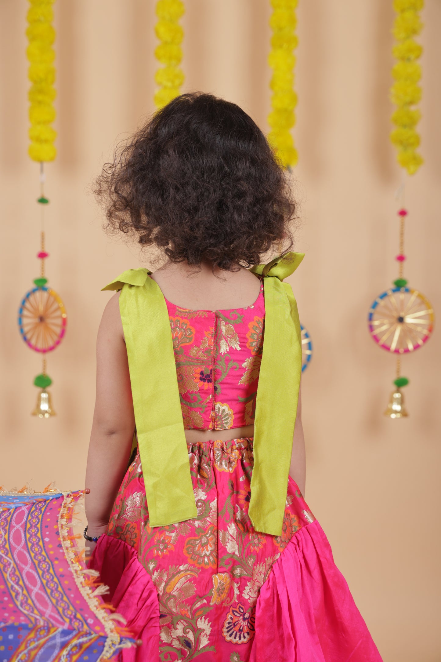 Pear Bear Stunning Bow Embellished Floral Top With Matching Lehenga And Attached Pouch