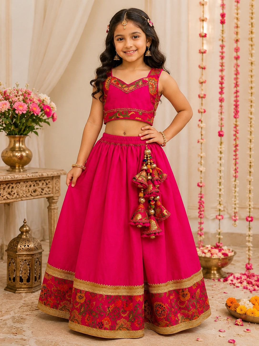 Beautiful girl wearing hot pink brocade border lehenga choli set with dupatta and traditional accessories
side