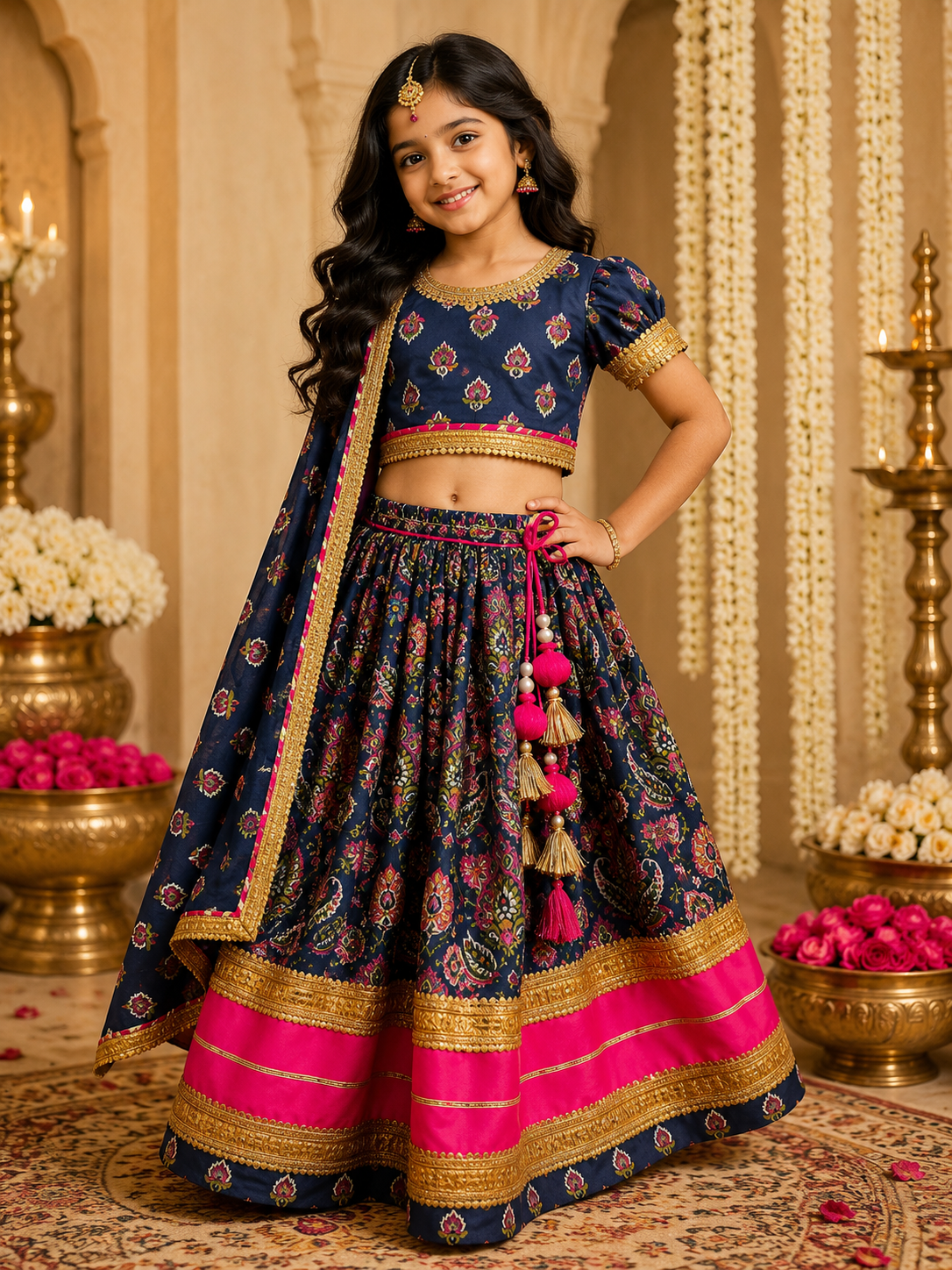 Beautiful girl wearing navy blue and hot pink printed lehenga choli set with dupatta and tassel detailing side