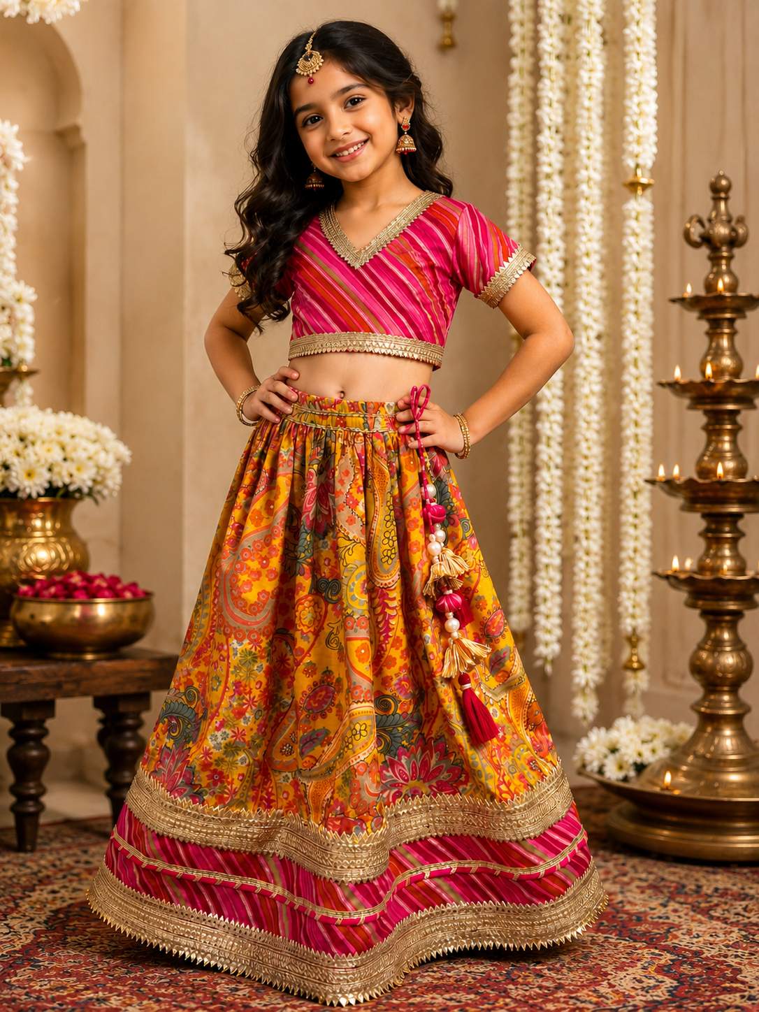 Beautiful girl wearing pink and yellow printed kids lehenga choli set with dupatta and tassel details-wd