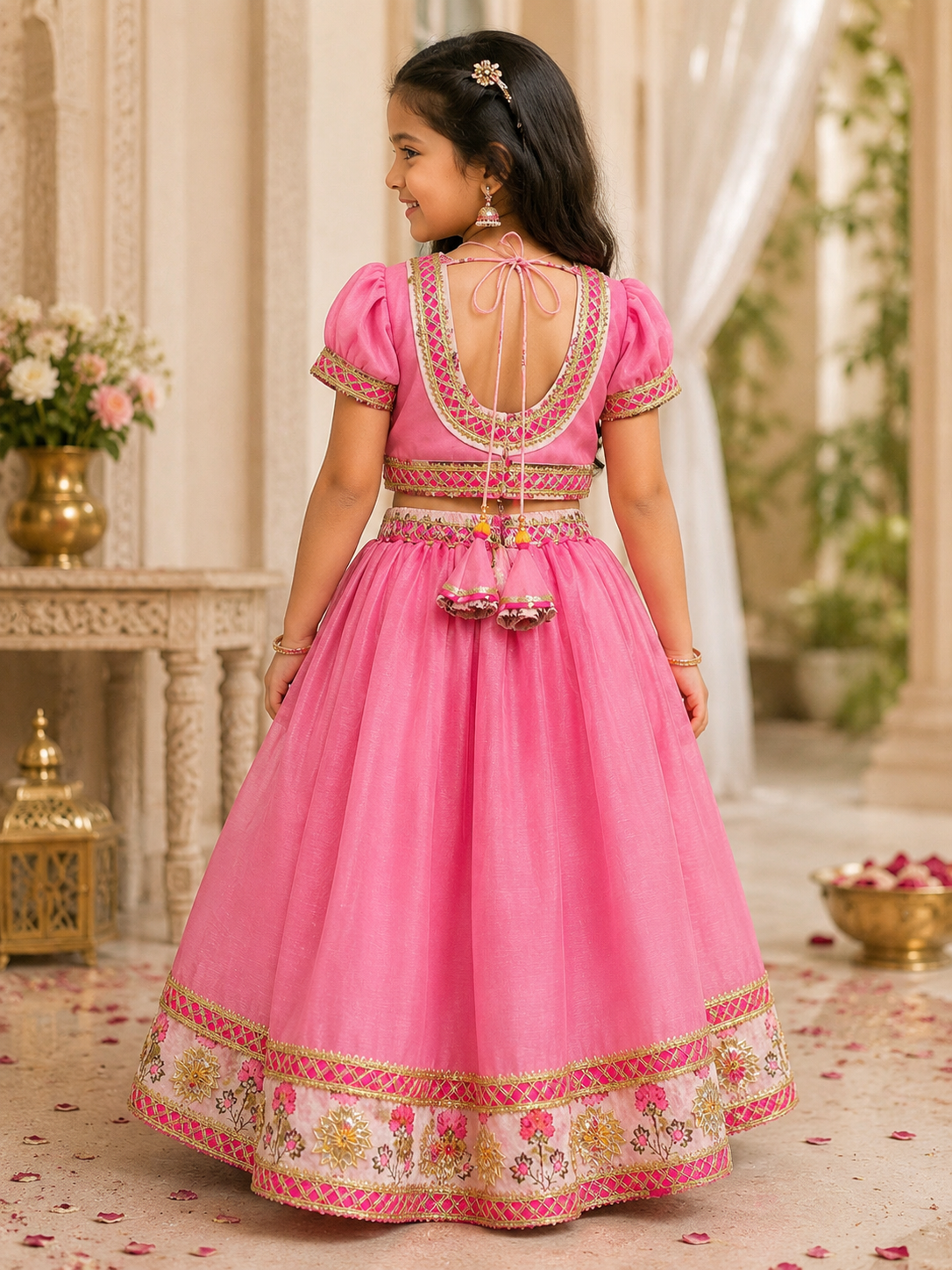 Beautiful girl wearing pink floral border lehenga choli set with dupatta and traditional accessories back