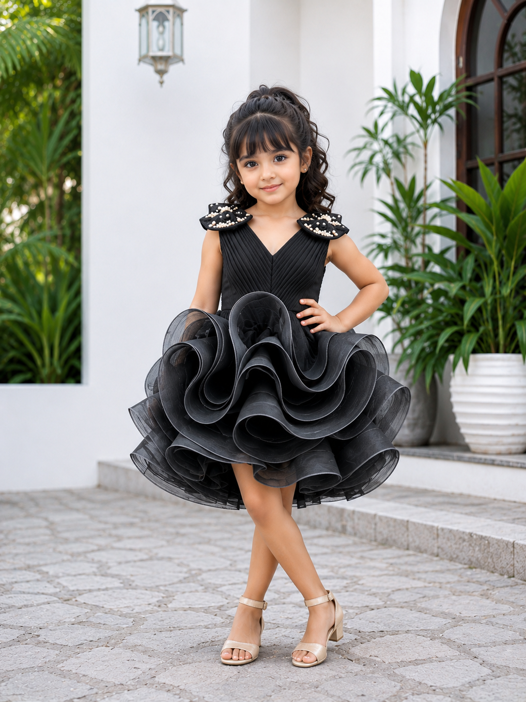 bear girl designer dress Black Party for Girls | Pearl Bow Couture Dress | Ruffle Party Wear 12 months heel Color:819White3704black Sleeveless Twist Cut Out