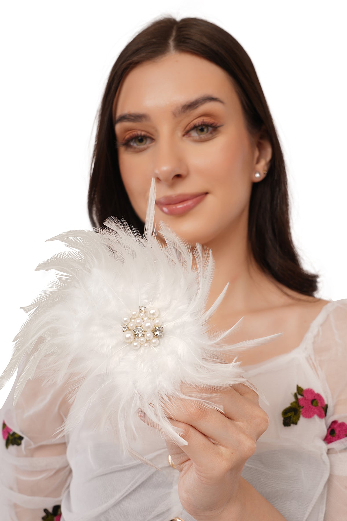 White Feather Pearl Embellished Fascinator Hair Clip for Girls