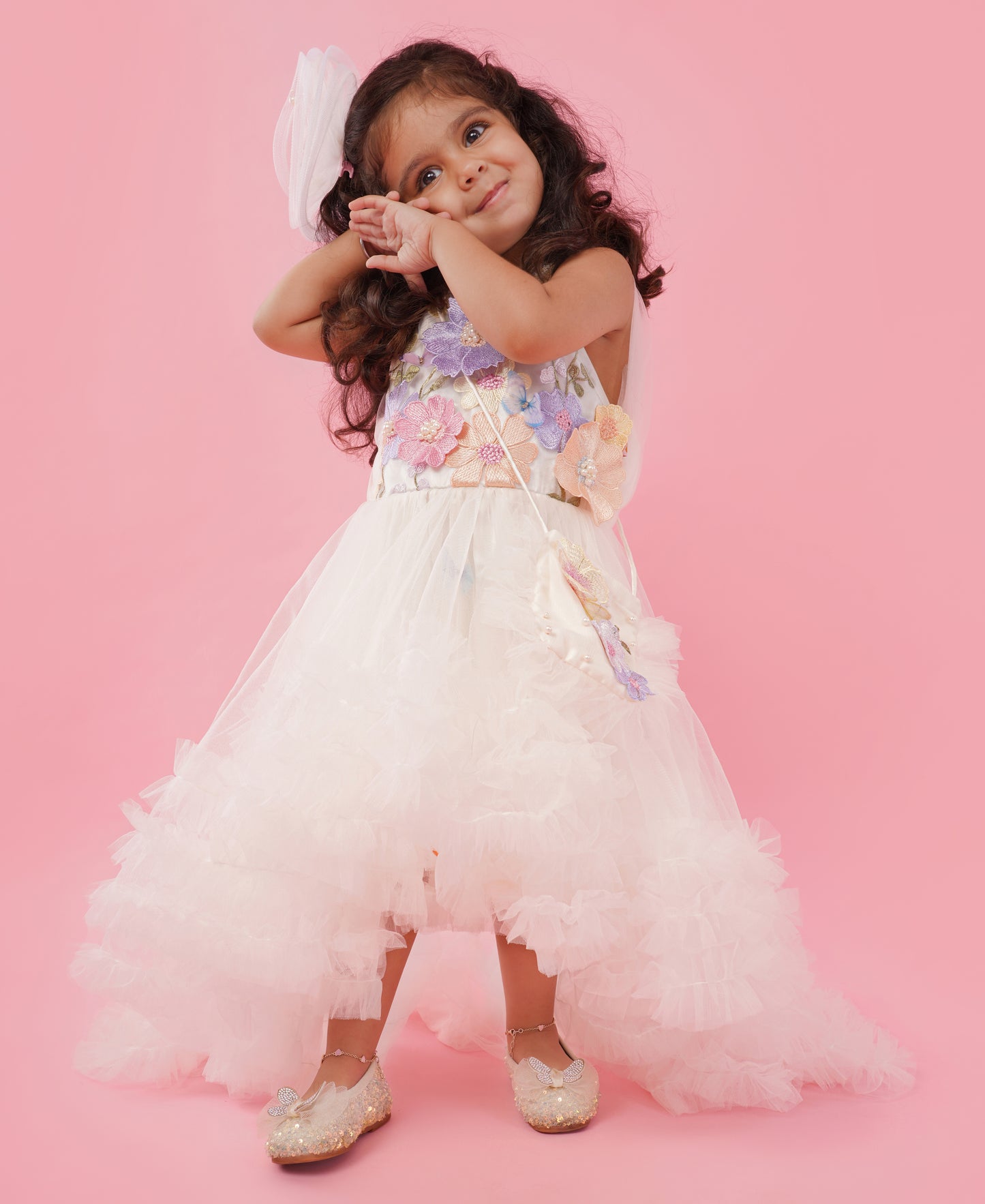 Pear Bear Off White Halter Neck Embellished Trail Dress With Sling Bag