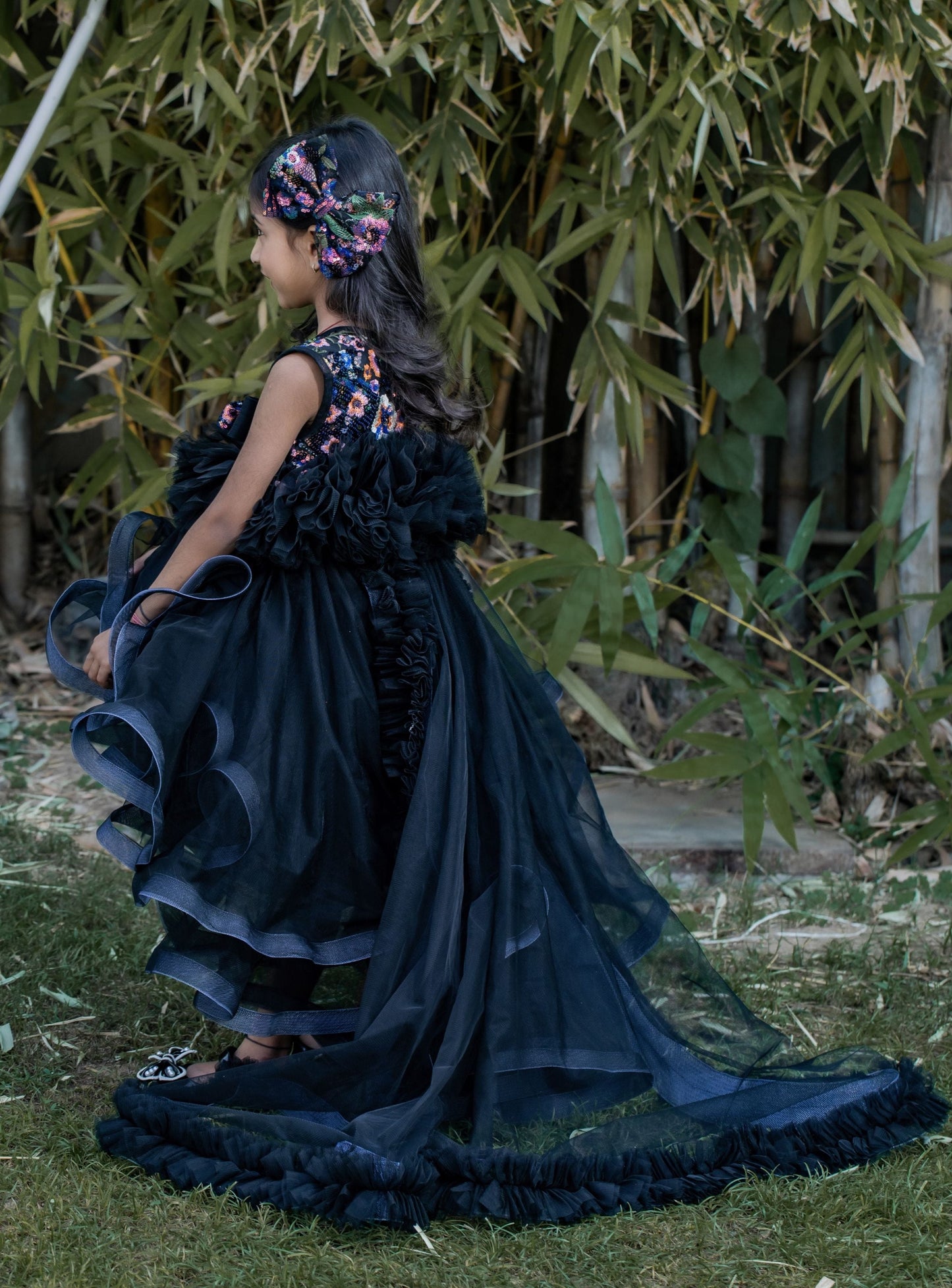 Pear Bear Beautiful Ruffle Net Black Gown with Drape.