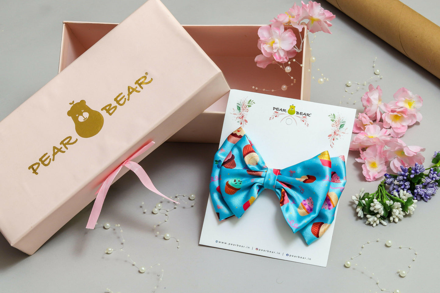 Pear Bear Dual bow with cupcake print bow.