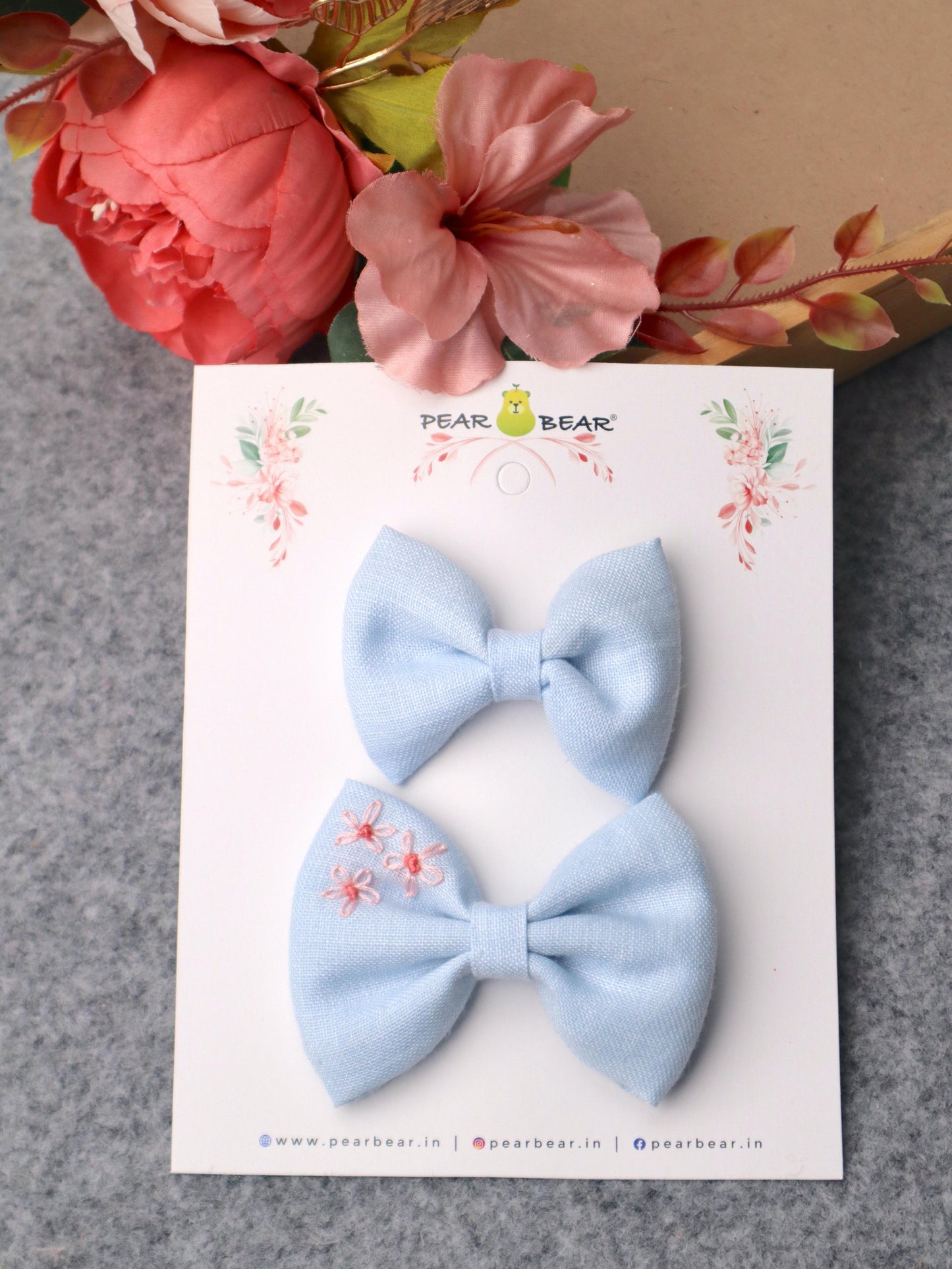 Pear Bear Embroidered Bow Set Powder Blue.