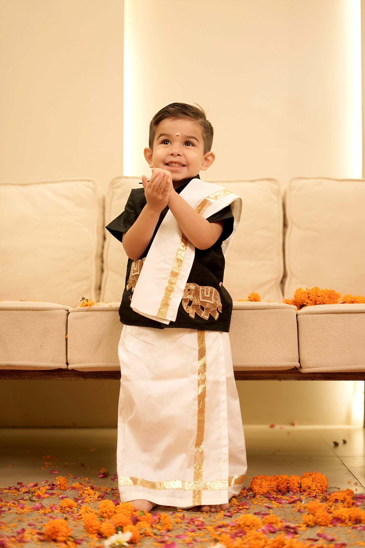 Pear Bear Golden Elephant Embroidered Traditional South Style Black Top with Chanderi Lehenga.