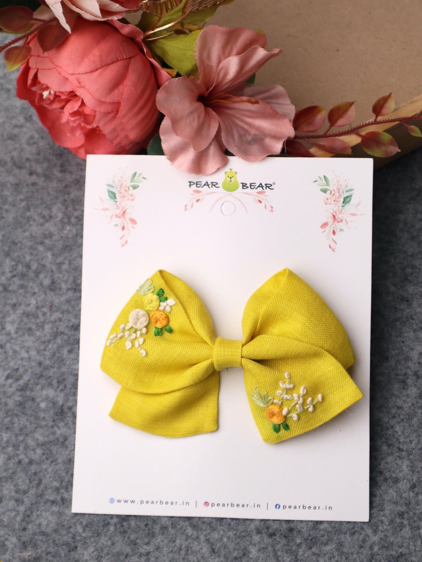 Pear Bear Hand Embroidered Hair Bow Mustard Yellow.