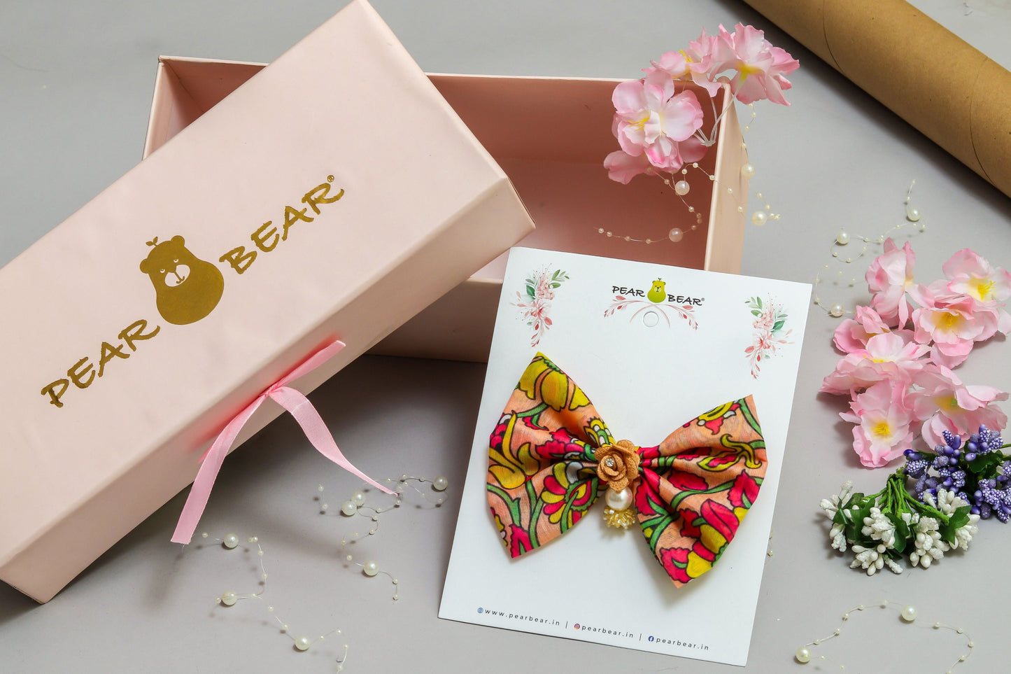 Pear Bear Multi Colour Flower print bow.