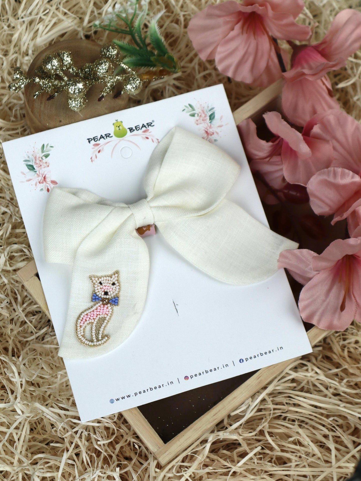 Pear Bear Off-White Cat Bow Clip.