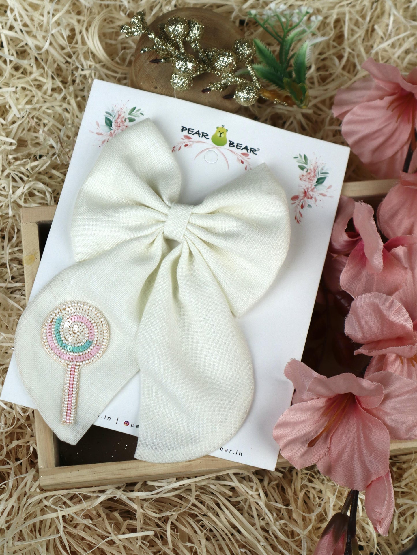 Pear Bear Off-white Lollipop Pigtail Bow Clip.