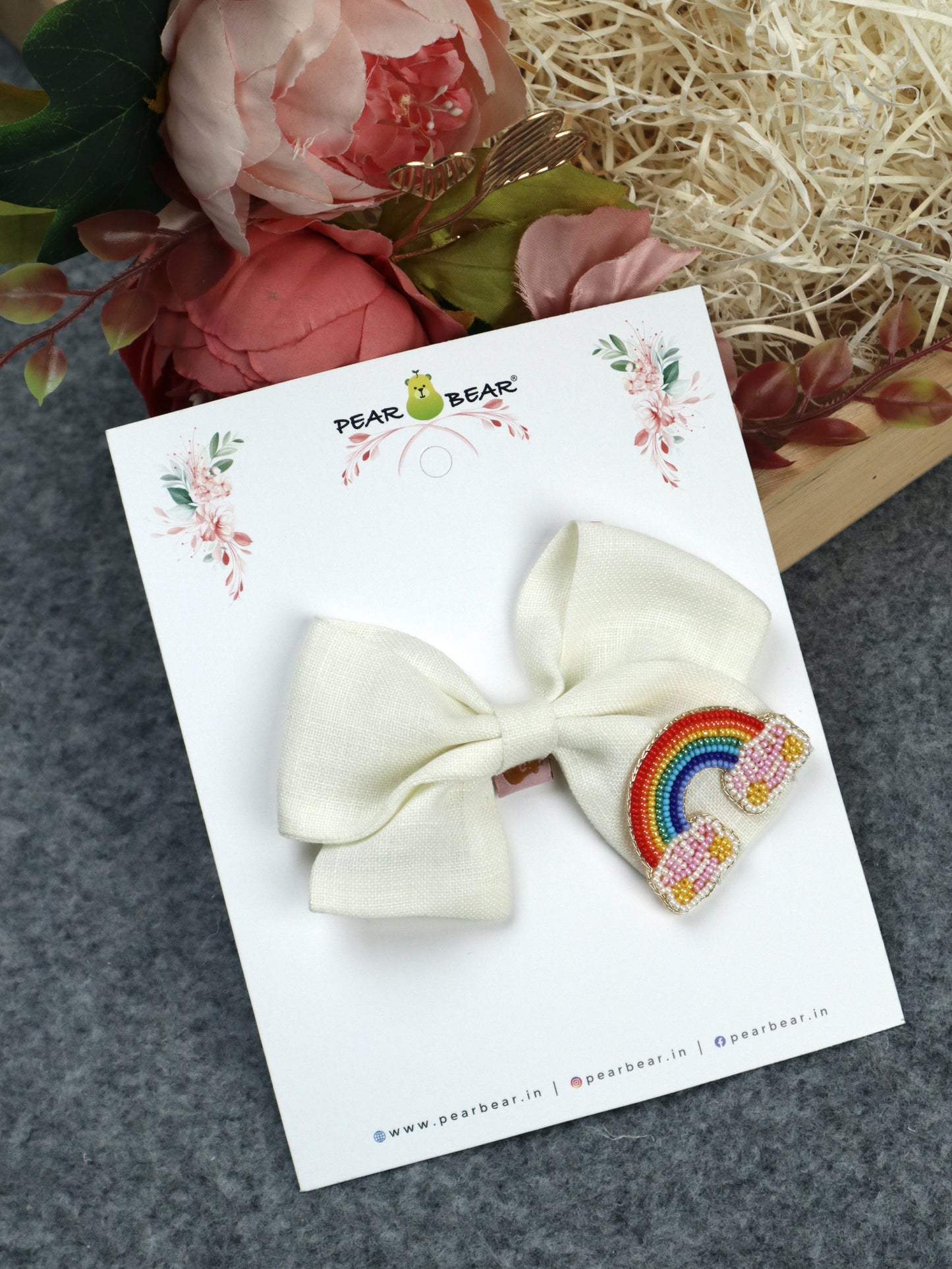 Pear Bear Off White Rainbow Hair Bow Clip.