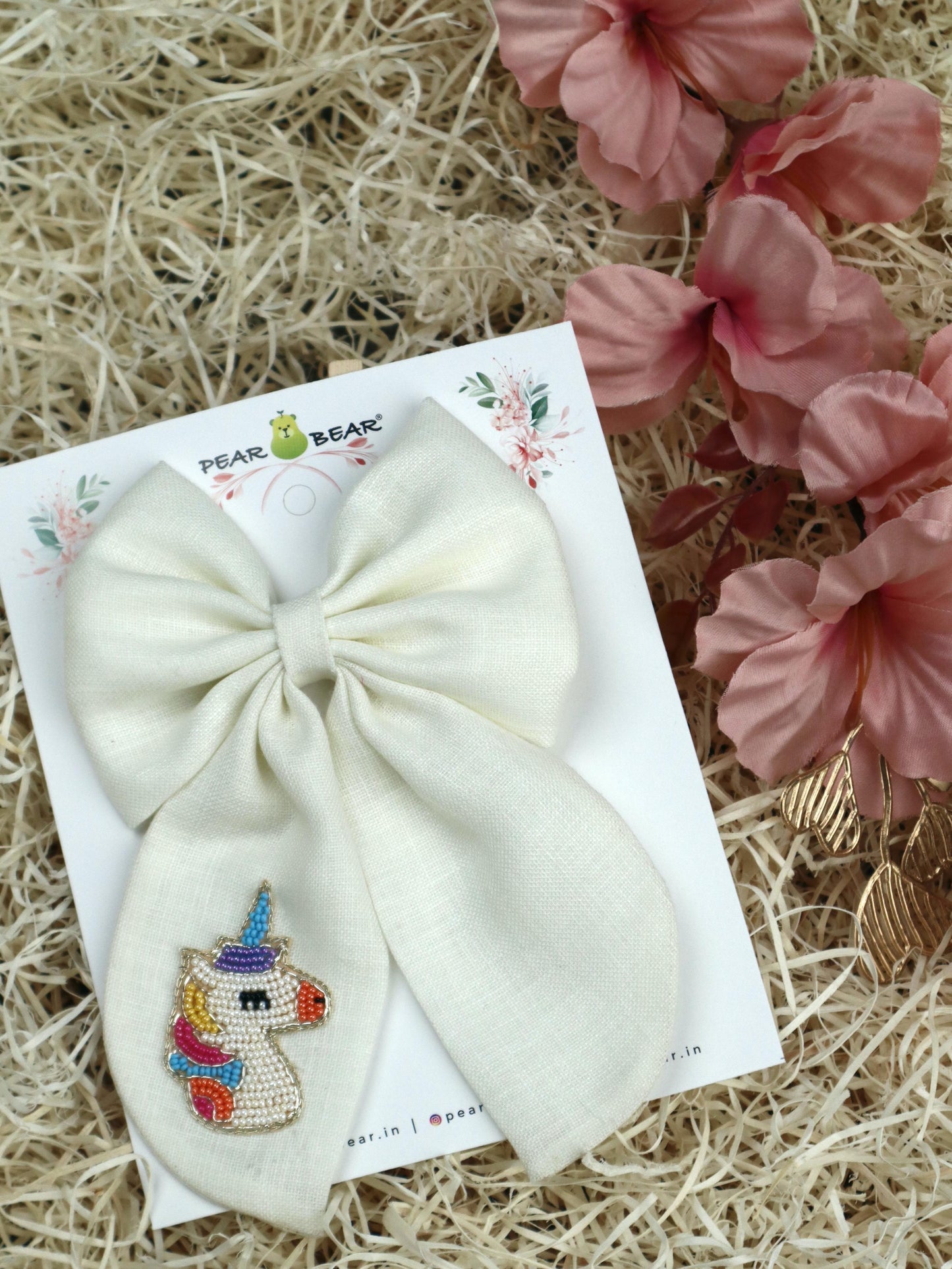 Pear Bear Off White Unicorn Pigtail Bow Clip.