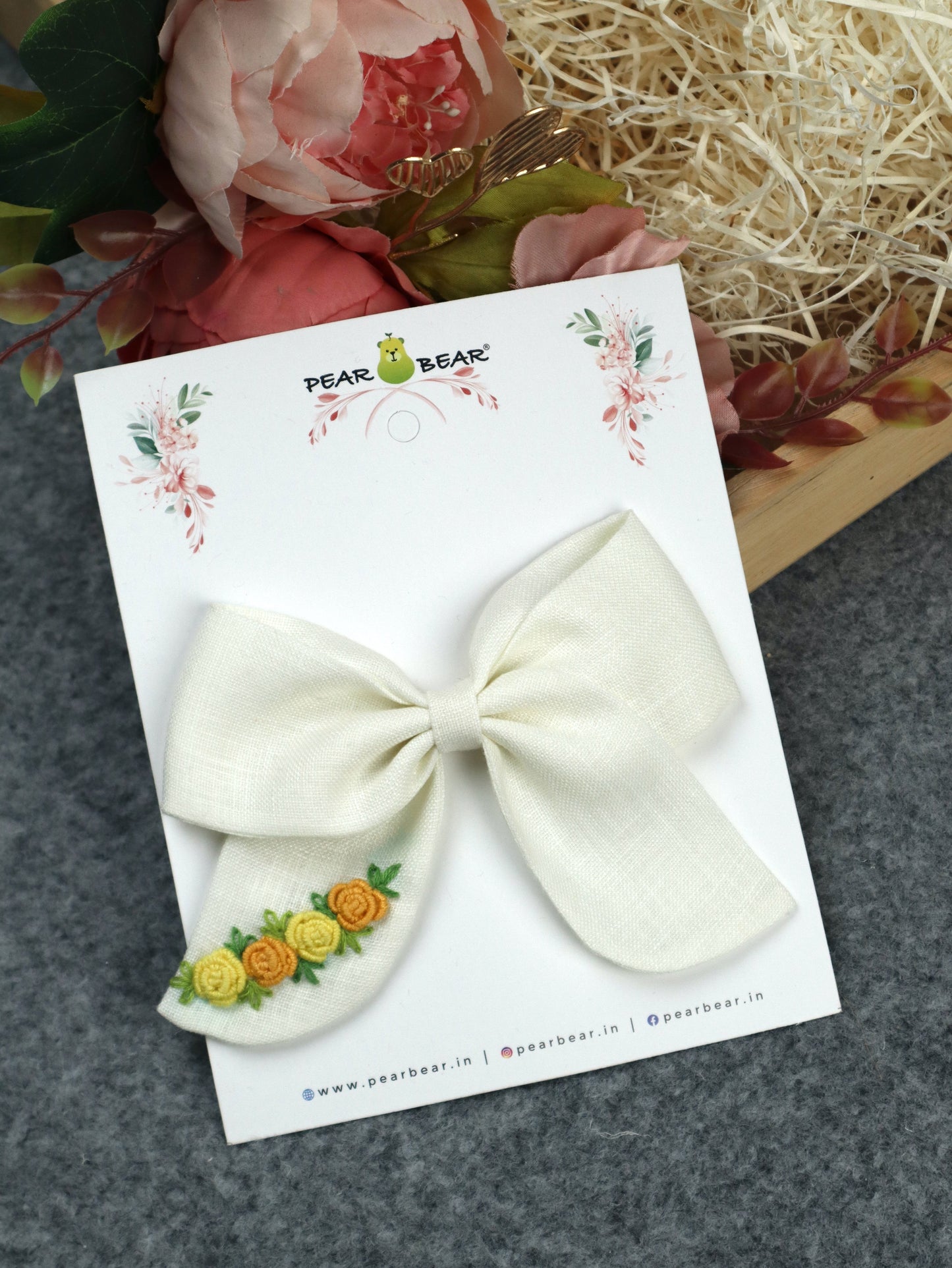 Pear Bear Off White Yellow Flower Hair Bow.