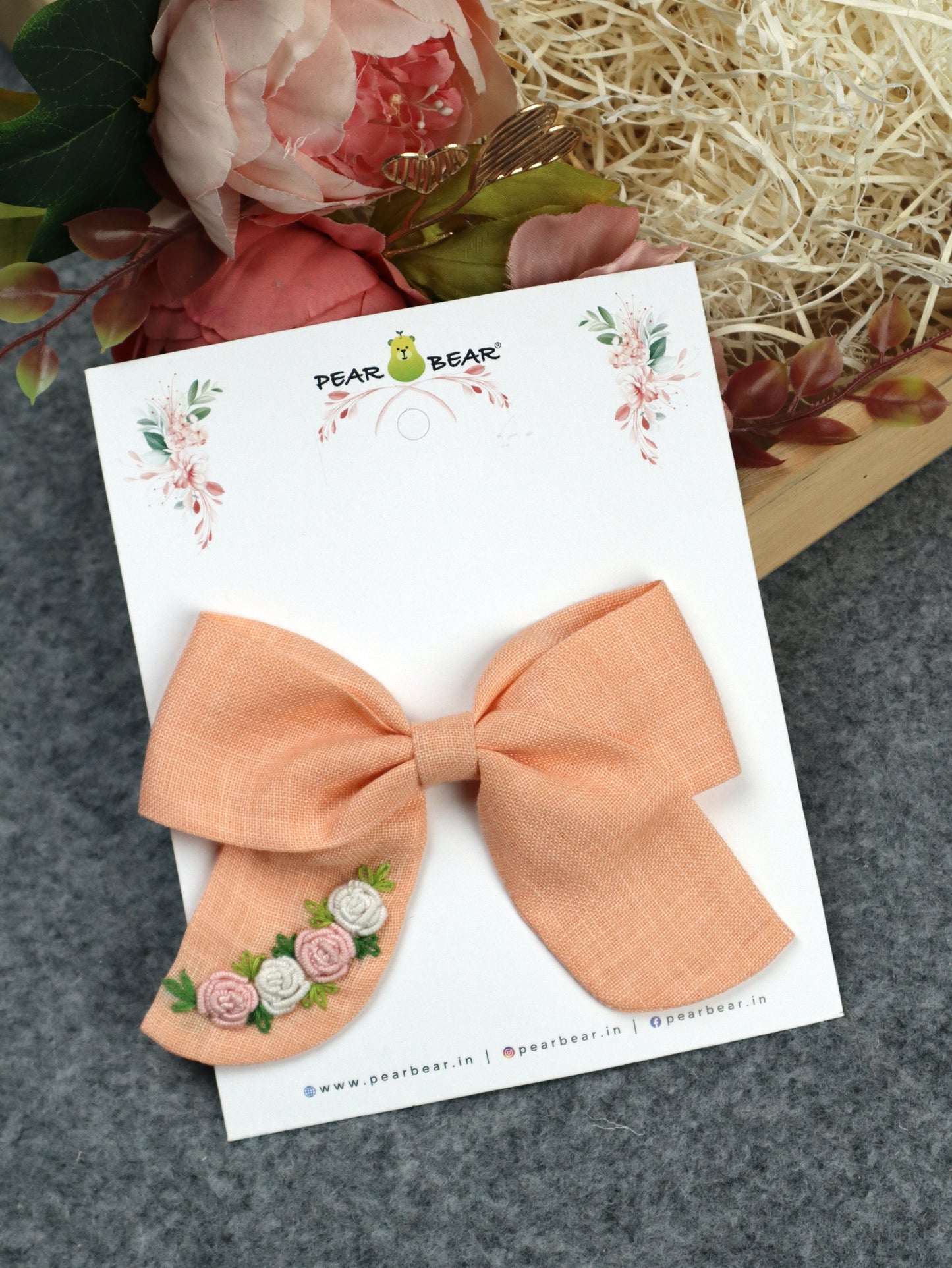 Pear Bear Peach Hand Embroidered Hair Bow Clip.