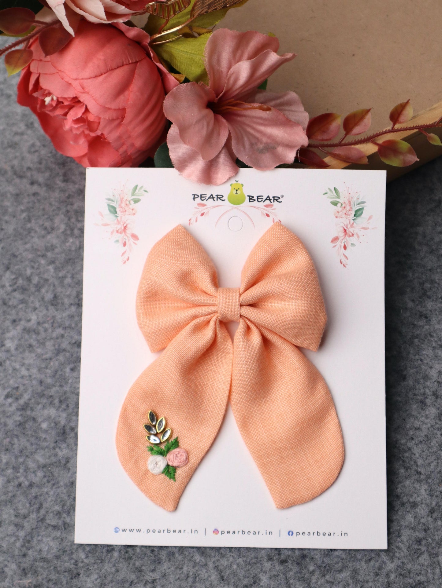 Pear Bear Peach Hand Embroidered Pigtail Bow.
