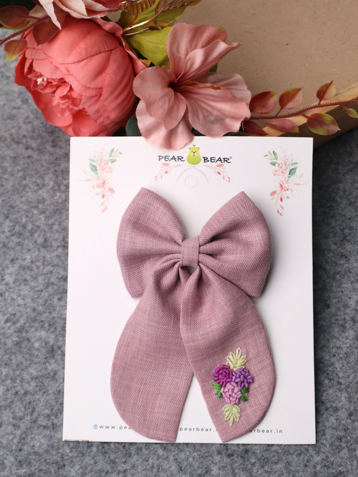 Pear Bear Purple Hand Embroidered Pigtail Hair Bow.