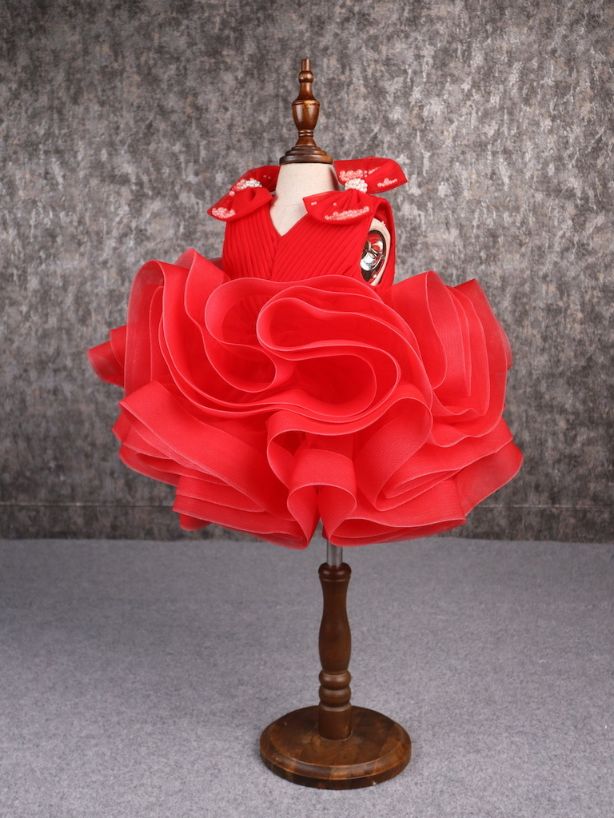 Pear Bear Stylish Ruffle Net Red Dress.