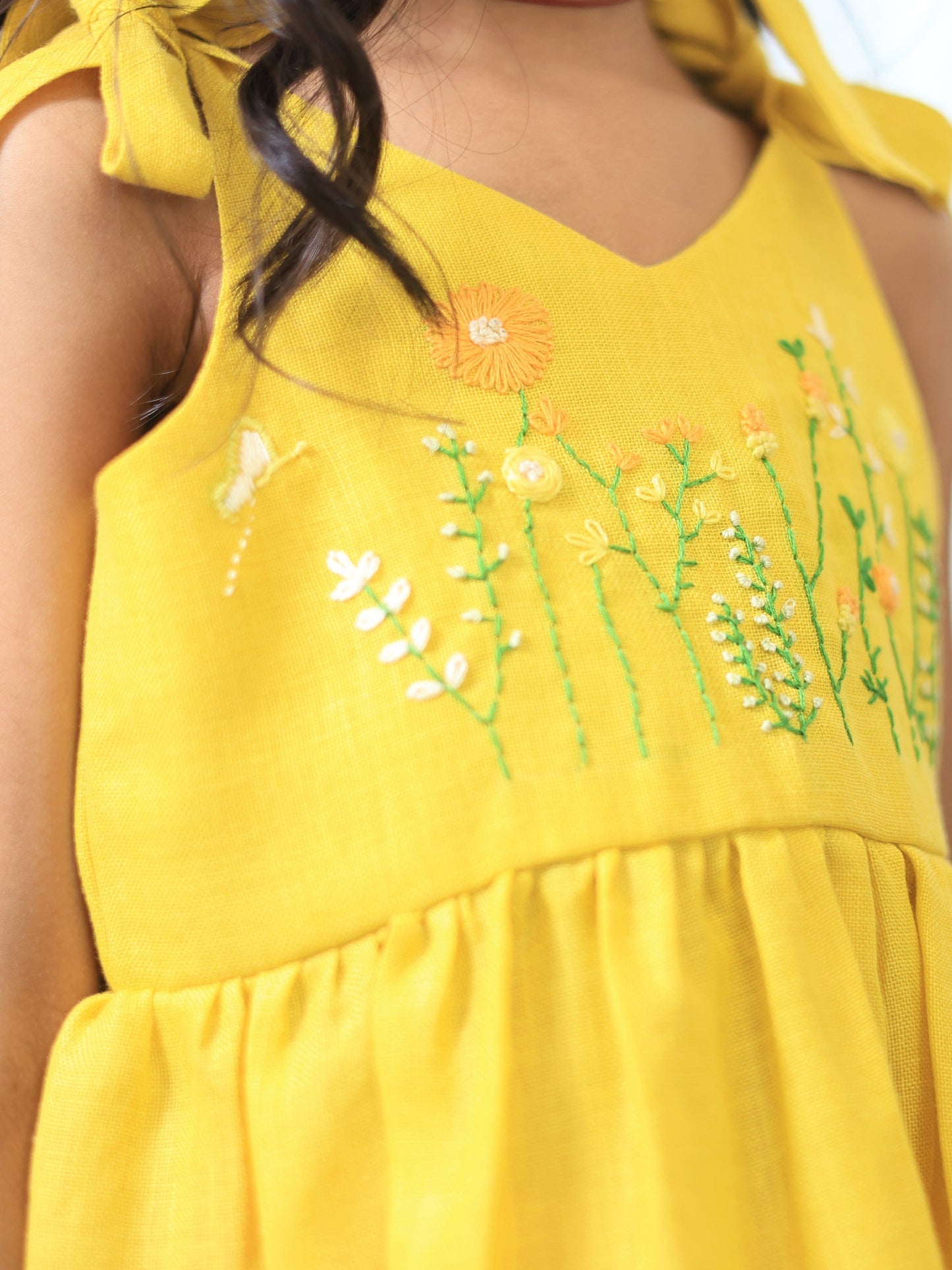 Pear Bear Yellow Linen Shoulder Tie Ups Dress.