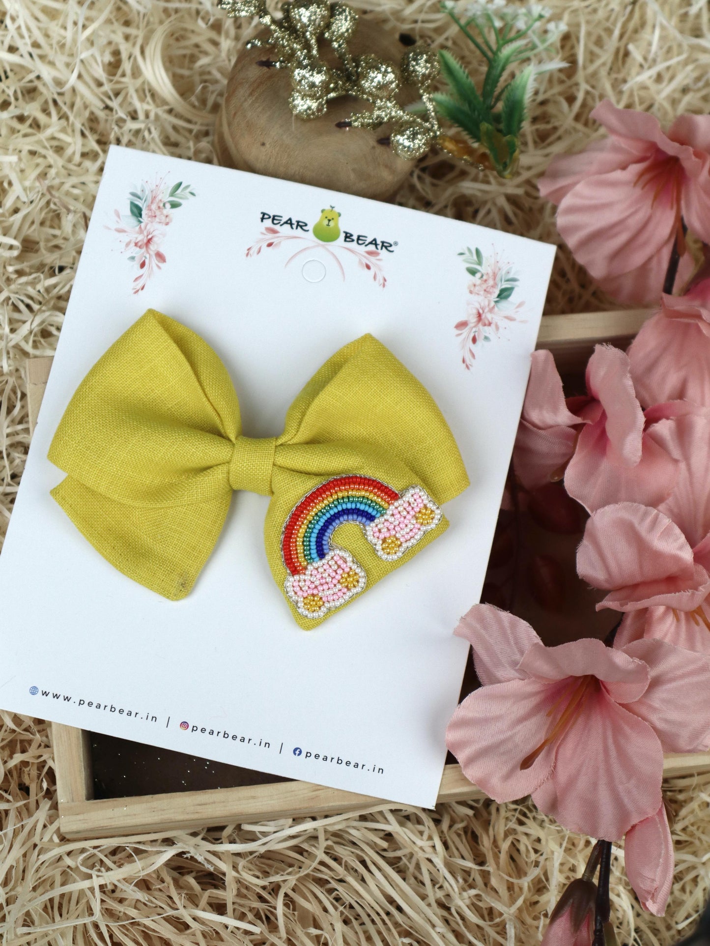 Pear Bear Yellow Rainbow Hair Bow Clip.