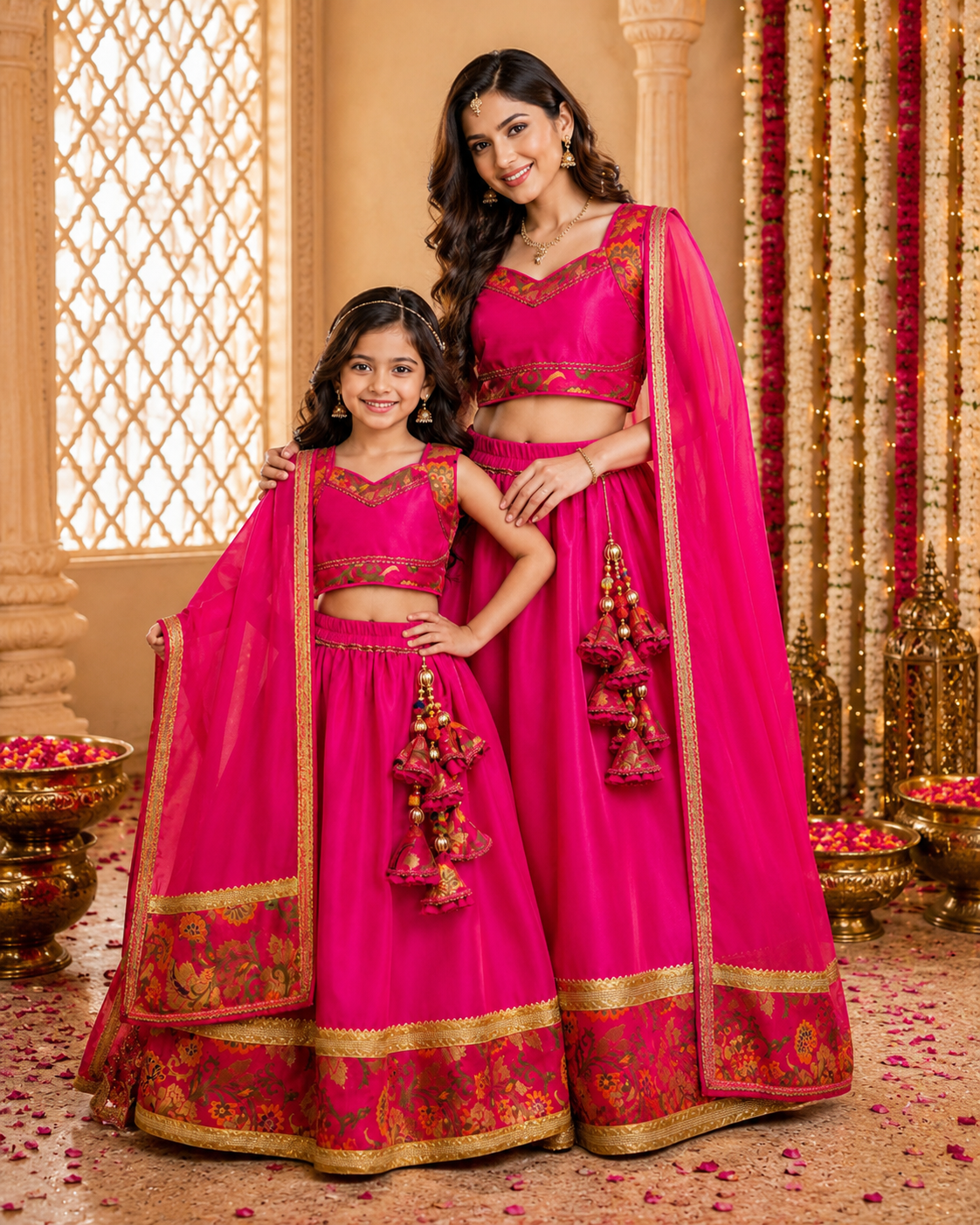 Magenta Brocade Border Mama Lehenga Choli Set with Dupatta