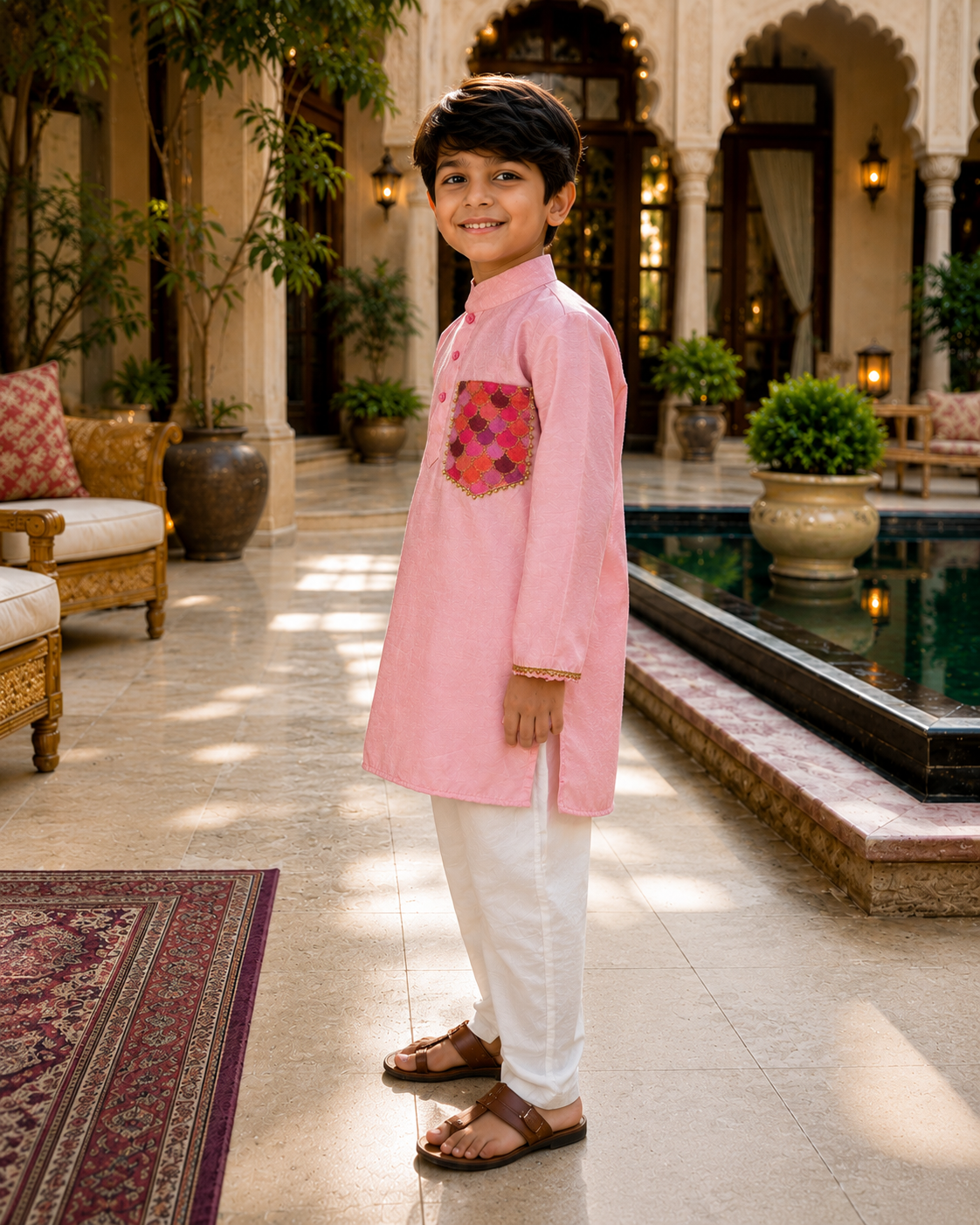 Pear Bear Boys Pink Chanderi Kurta Pajama Set with Designer Patch Pocket