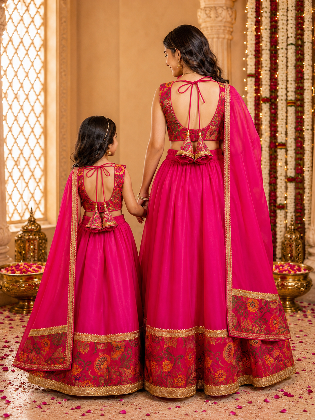 Magenta Brocade Border Mama Lehenga Choli Set with Dupatta