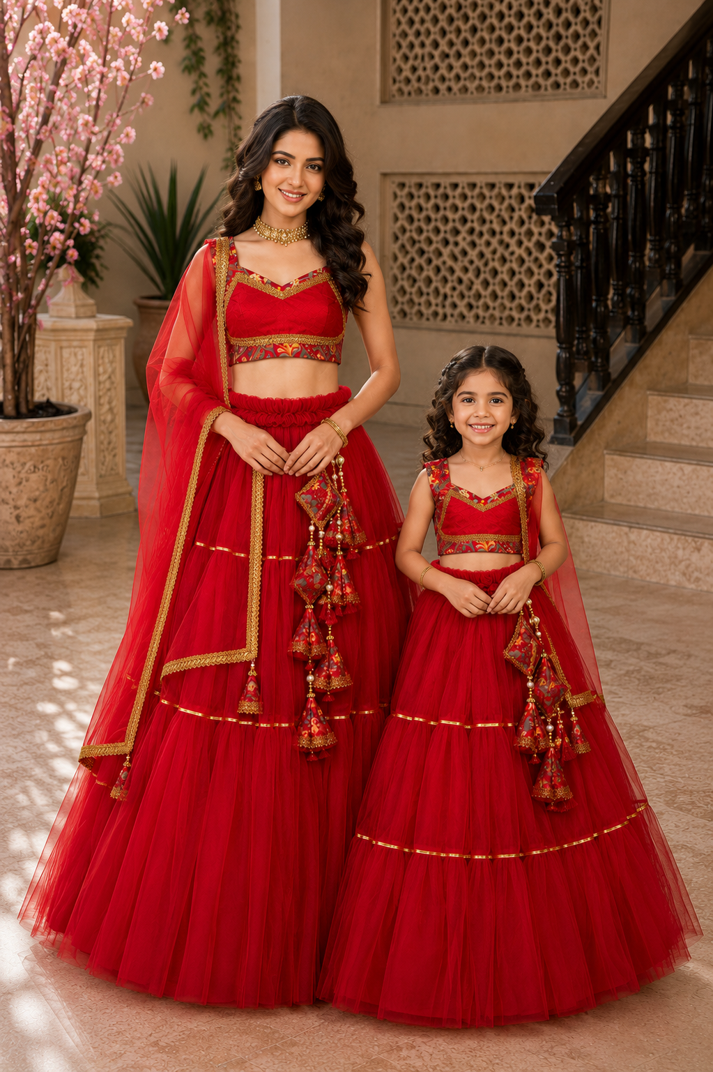 Women’s Red Layered Net Lehenga Set with Designer Blouse & Dupatta