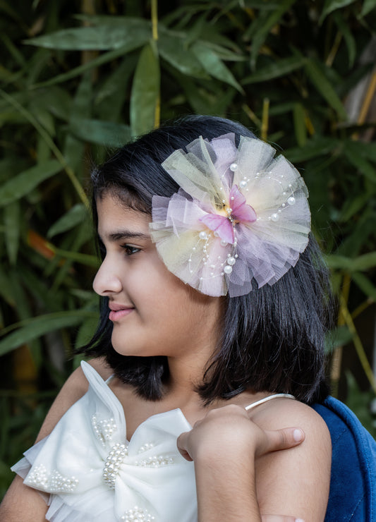 Butterfly Adorned Yellow And Pink Two Tone Frilly Hair Fascinator