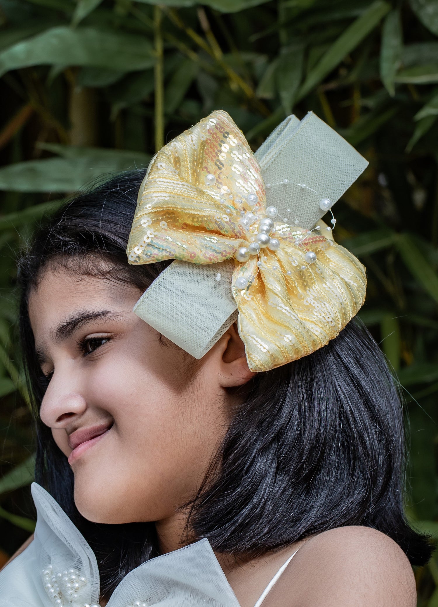 Elegant Yellow Sequin Bow With Pearl Work Hair Fascinator