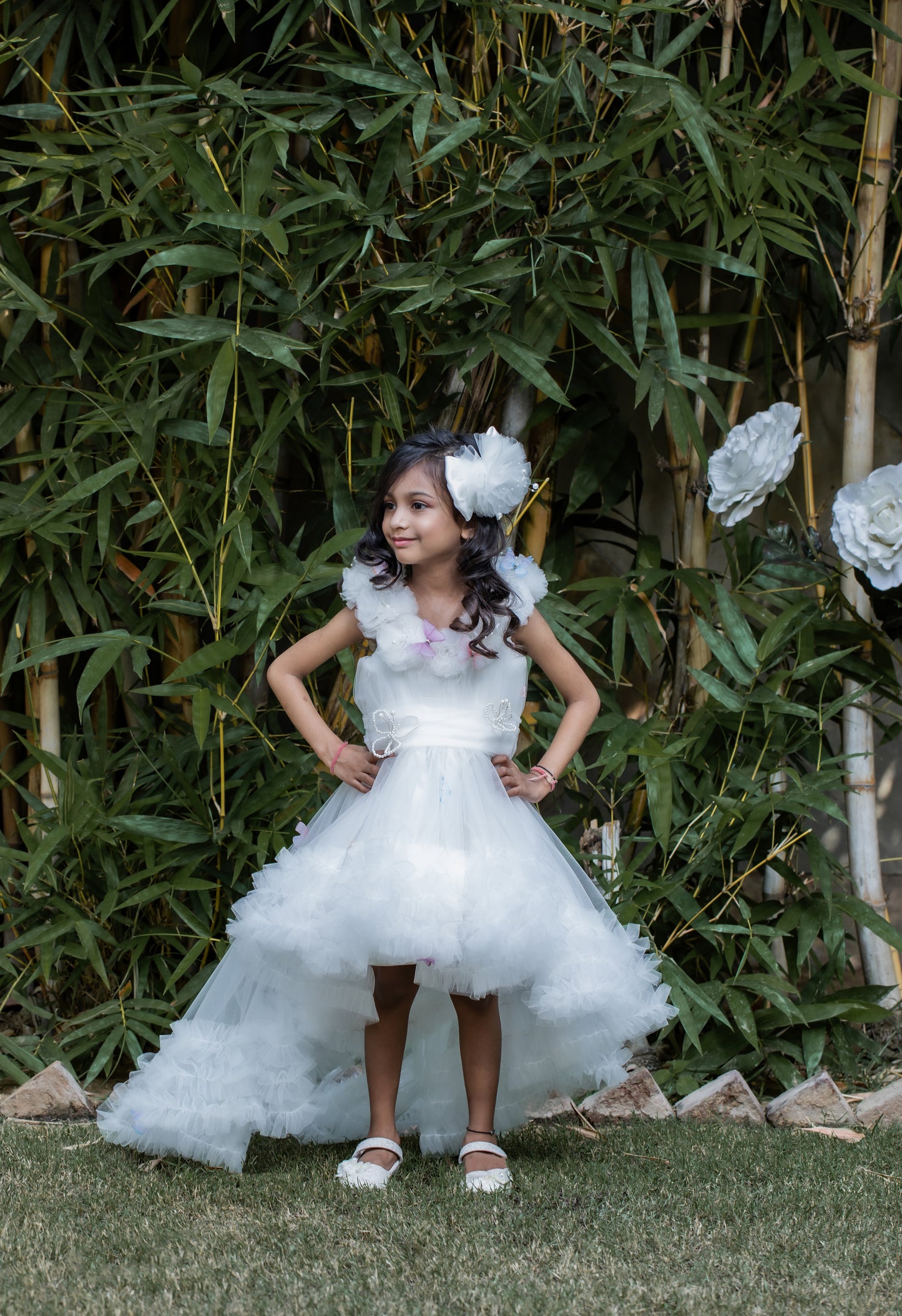 Butterfly Net Off White Trail Dress With Matching Bow Hair Clip