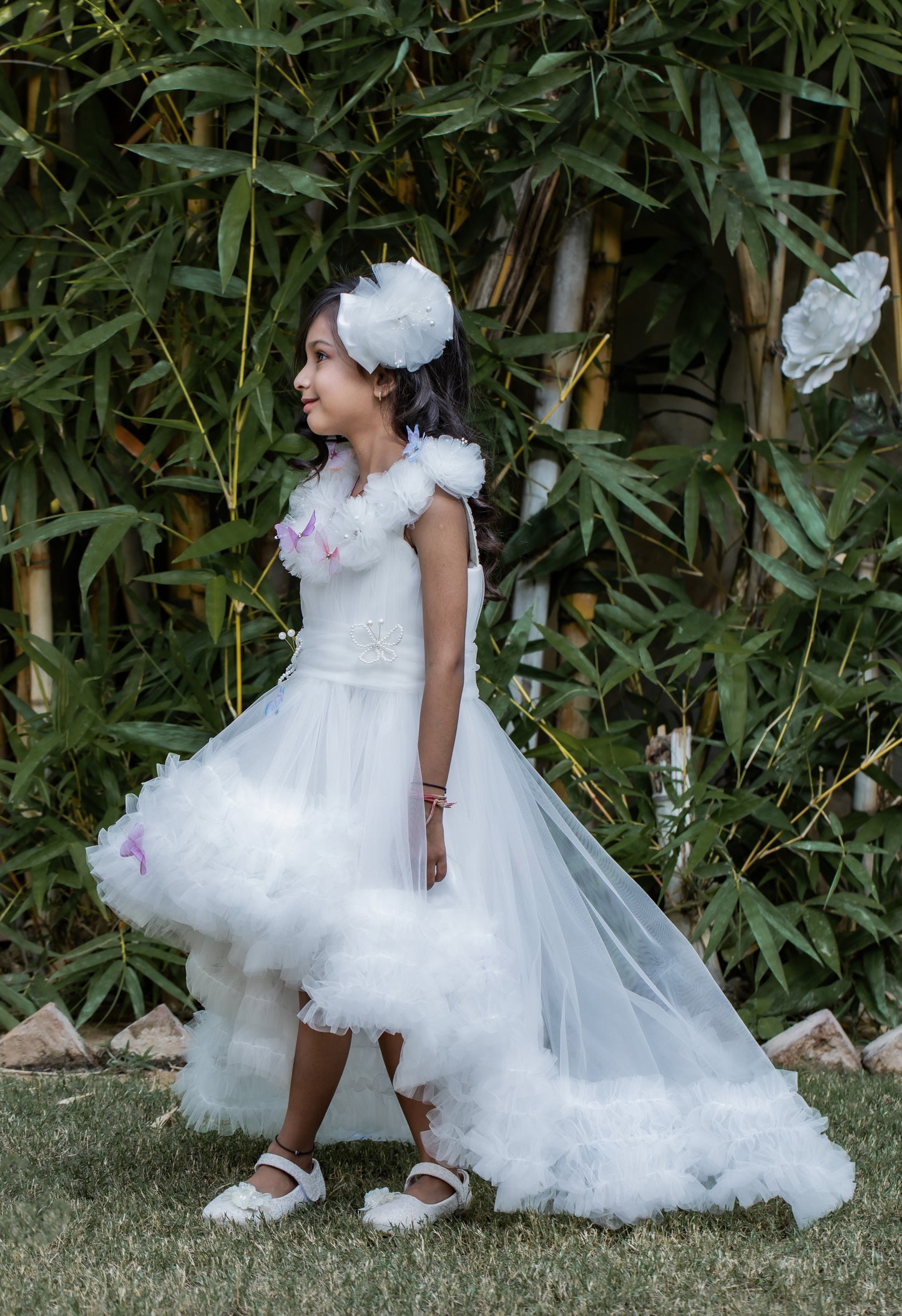 Butterfly Net Off White Trail Dress With Matching Bow Hair Clip