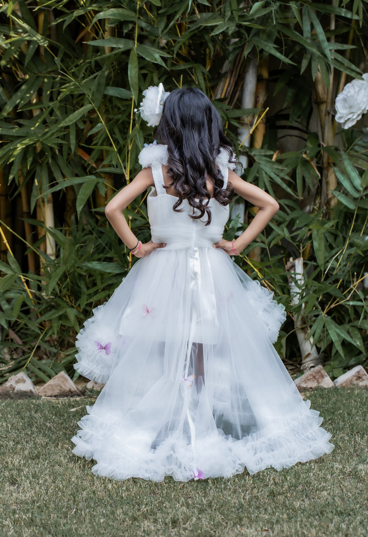 Butterfly Net Off White Trail Dress With Matching Bow Hair Clip