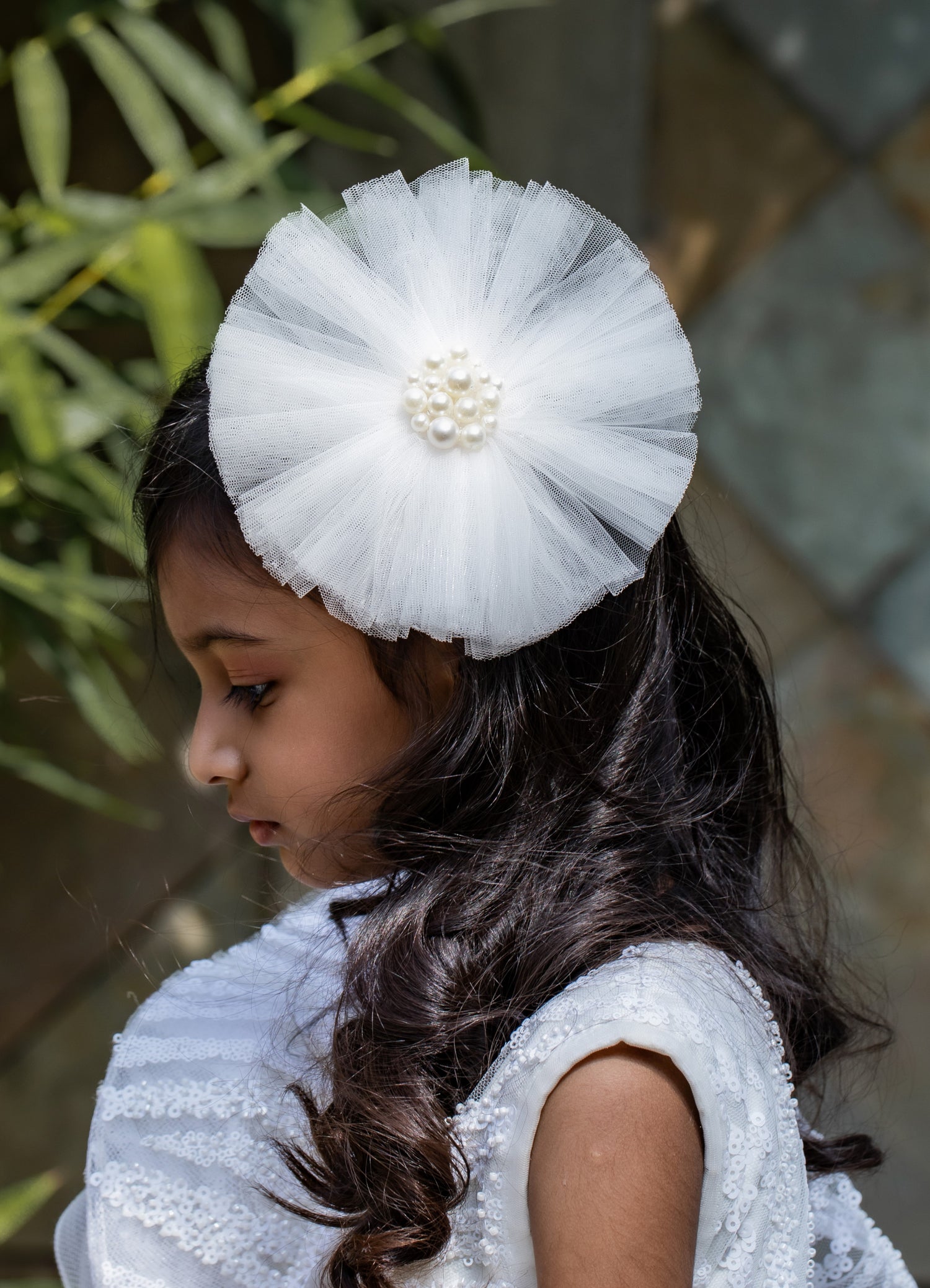 White Pearls Adorned Frilly Cute Hair Fascinator