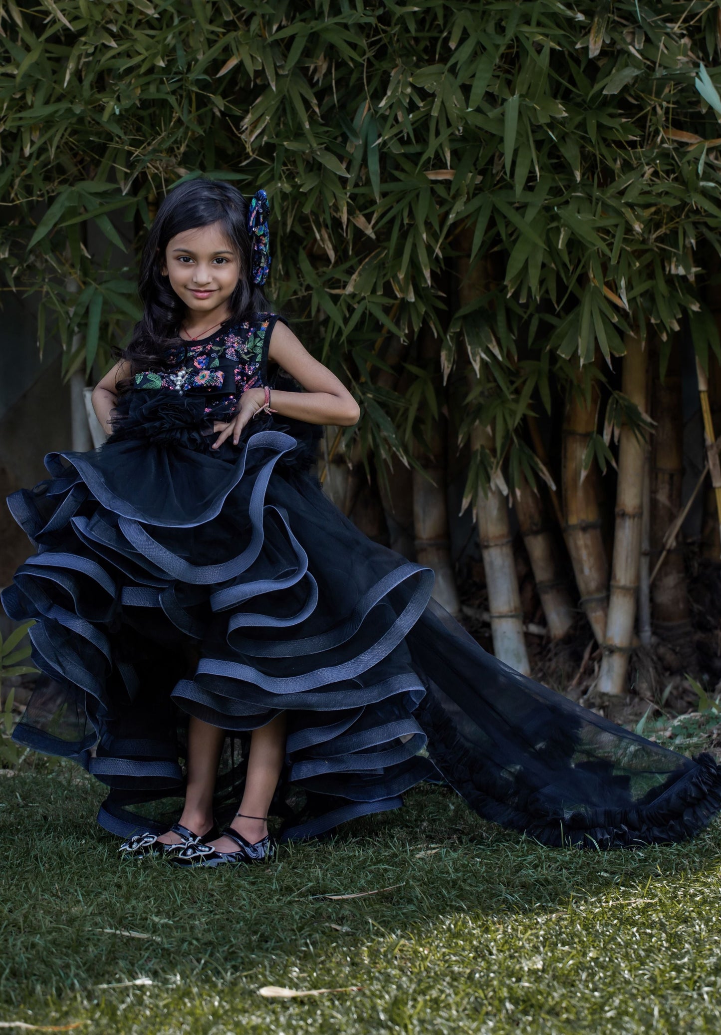 Beautiful Ruffle Net Black Gown with Drape