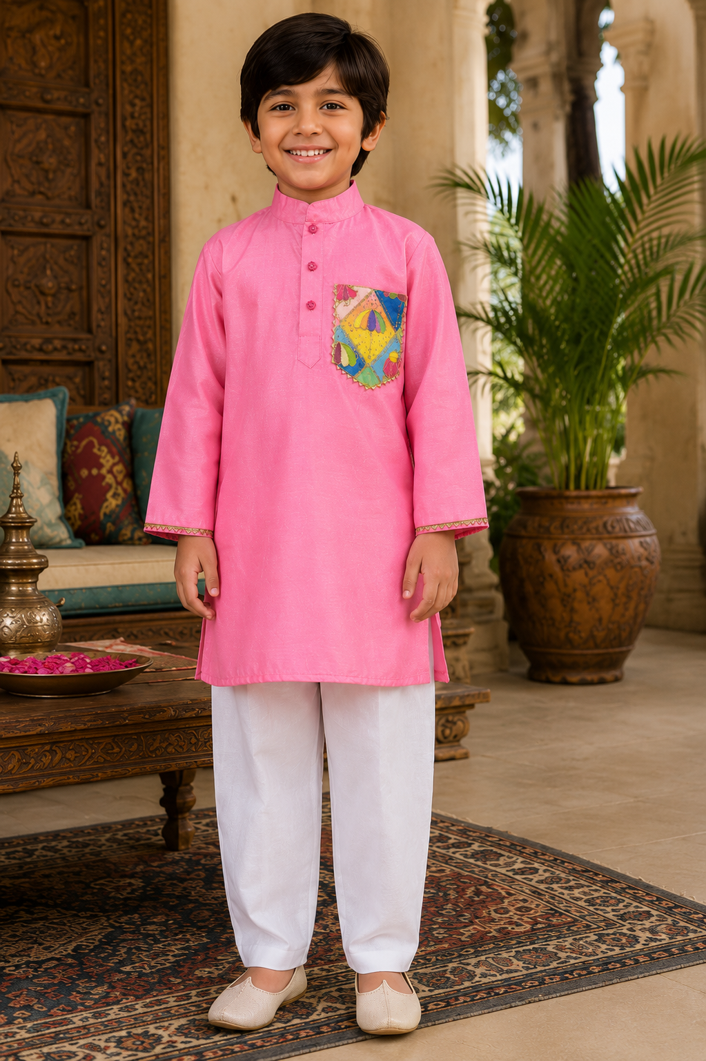 Pear Bear Boys Pink Chanderi Kurta Pajama Set with Designer Patch Pocket