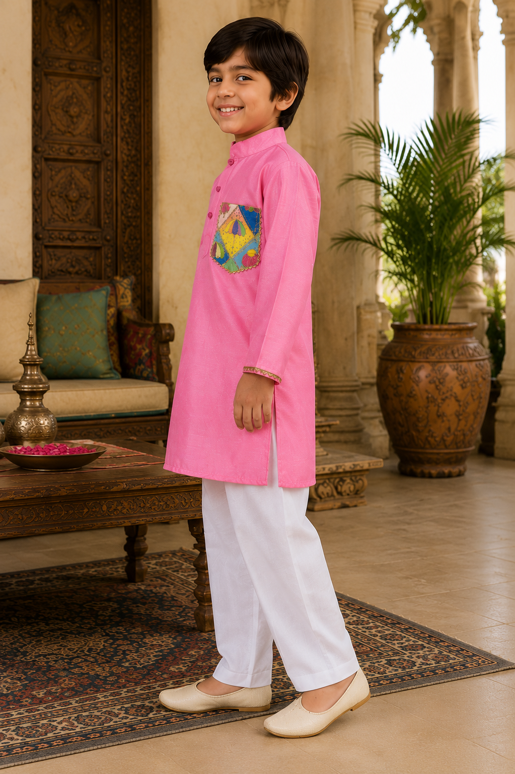 Pear Bear Boys Pink Chanderi Kurta Pajama Set with Designer Patch Pocket