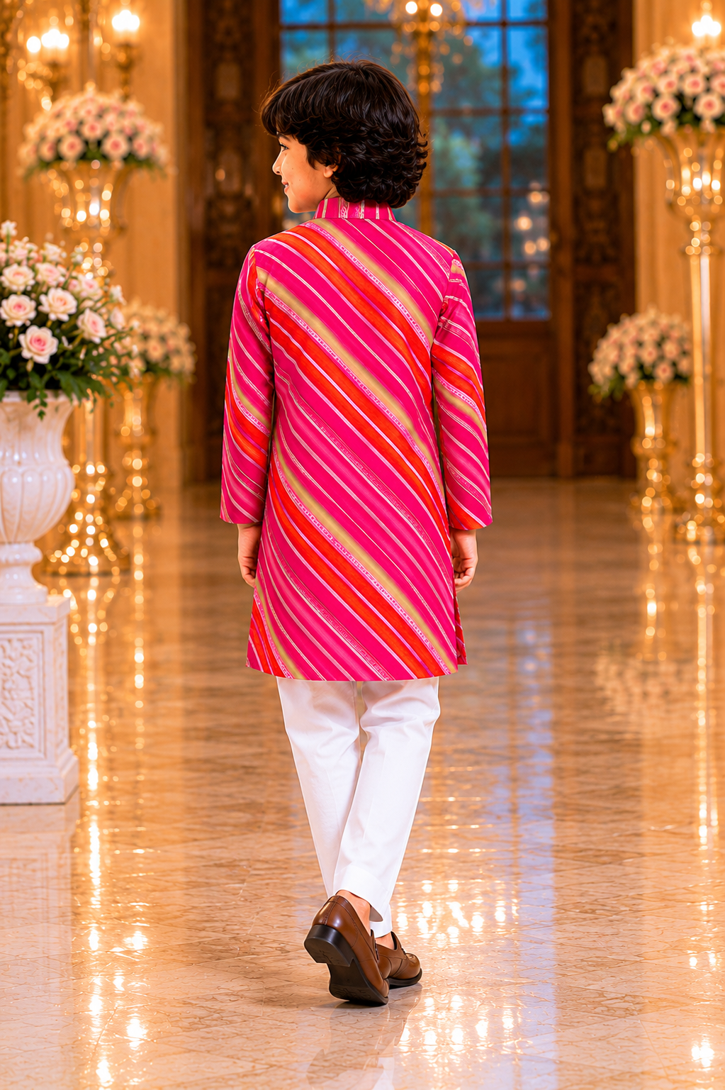 Young boy wearing Pear Bear Royal Leheriya pink cotton kurta set with white pajama styled with coordinated father-son festive ethnic wear for weddings and celebrationsback.