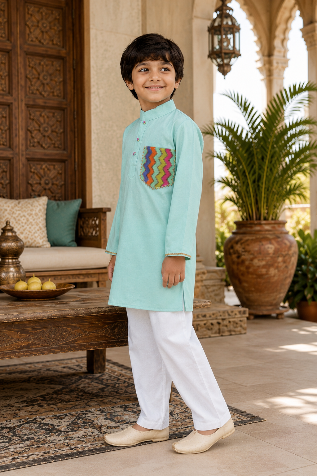 Pear Bear Boys Mint Green Chanderi Kurta Pajama Set with Designer Patch Pocket