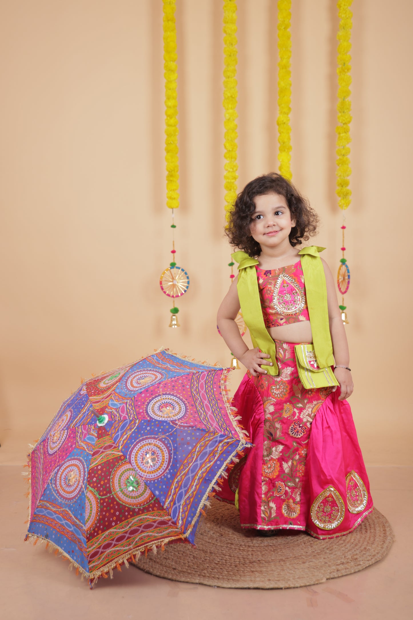 Pear Bear Stunning Bow Embellished Floral Top With Matching Lehenga And Attached Pouch