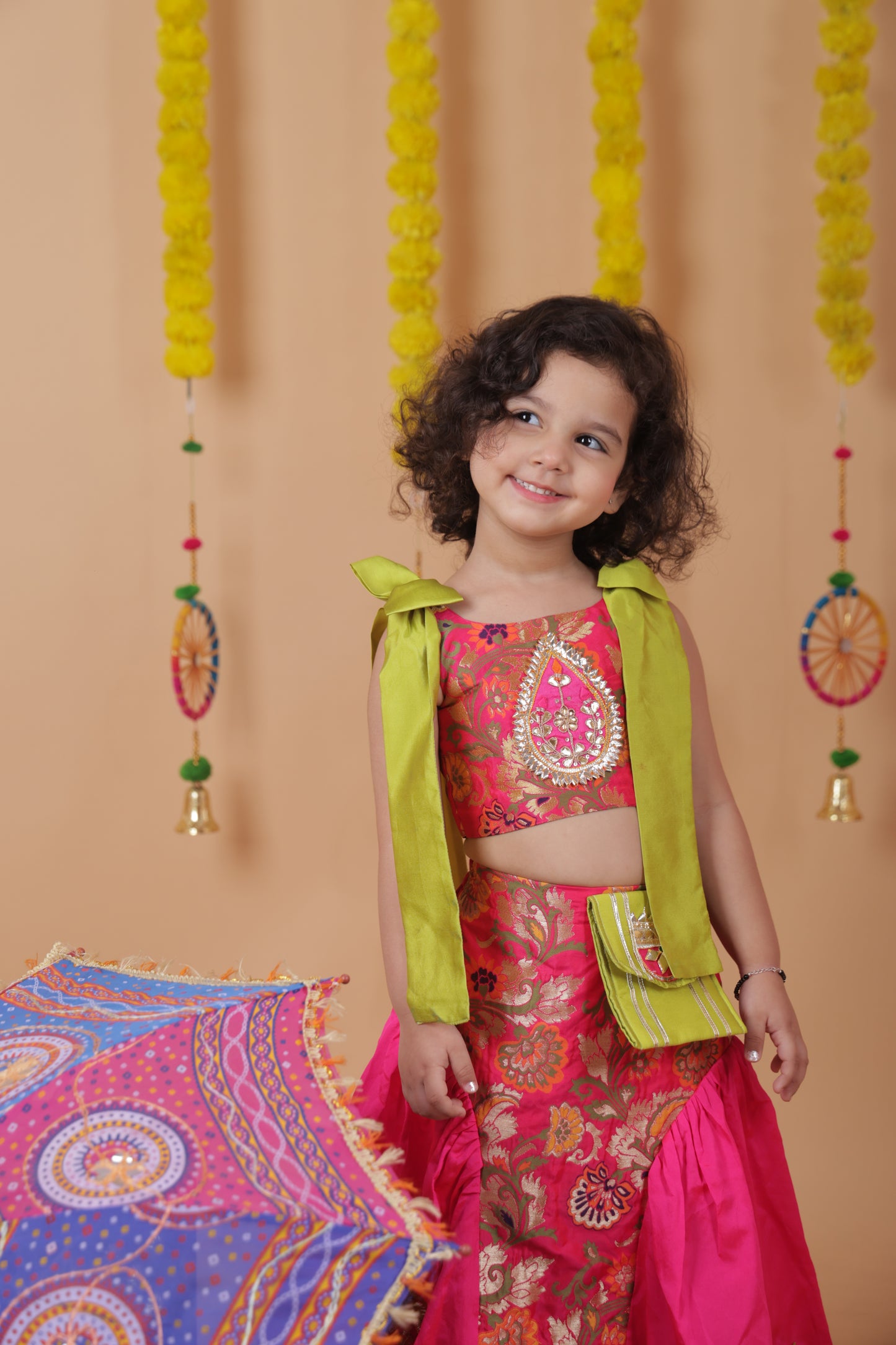 Pear Bear Stunning Bow Embellished Floral Top With Matching Lehenga And Attached Pouch