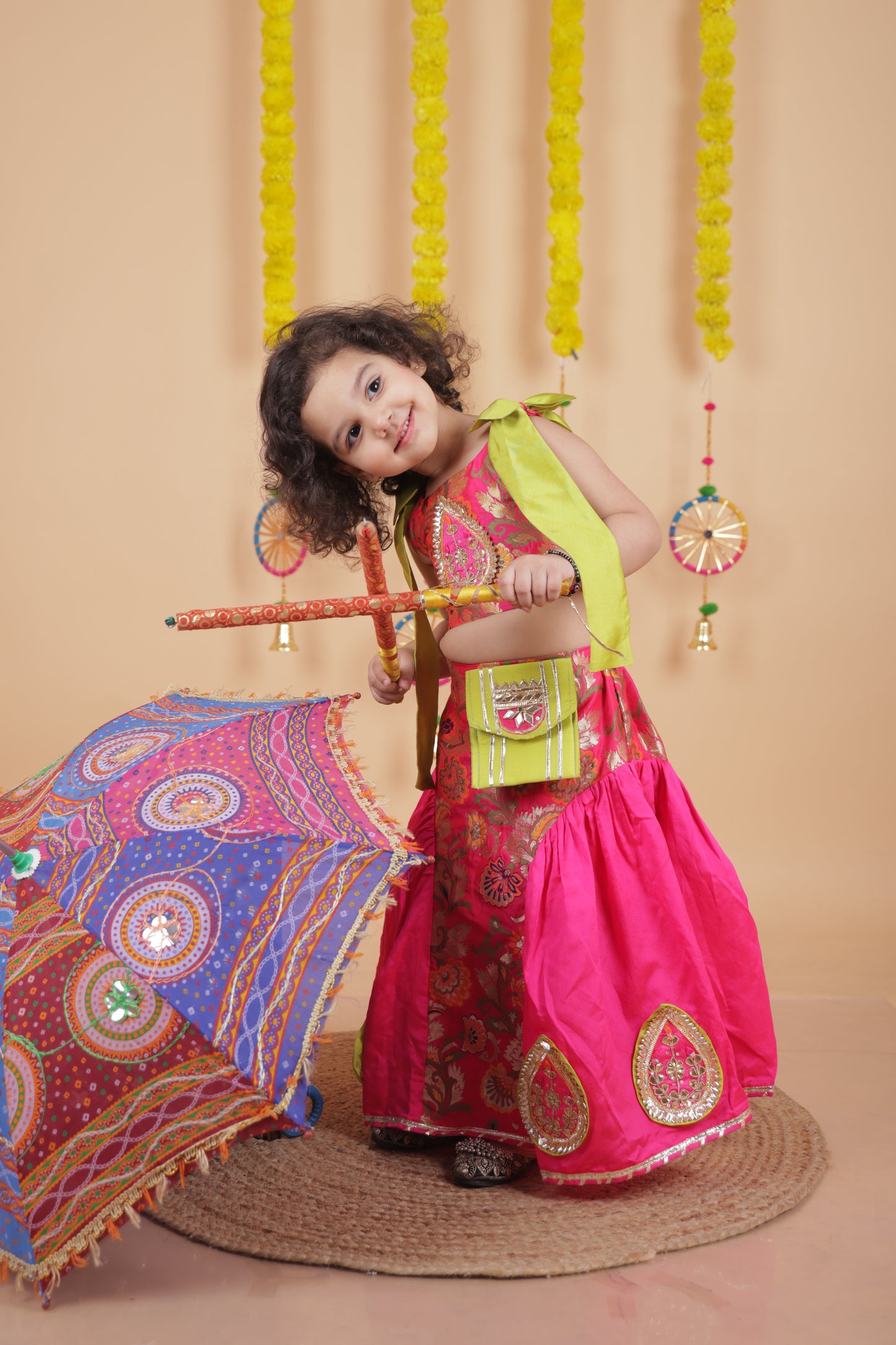 Pear Bear Stunning Bow Embellished Floral Top With Matching Lehenga And Attached Pouch