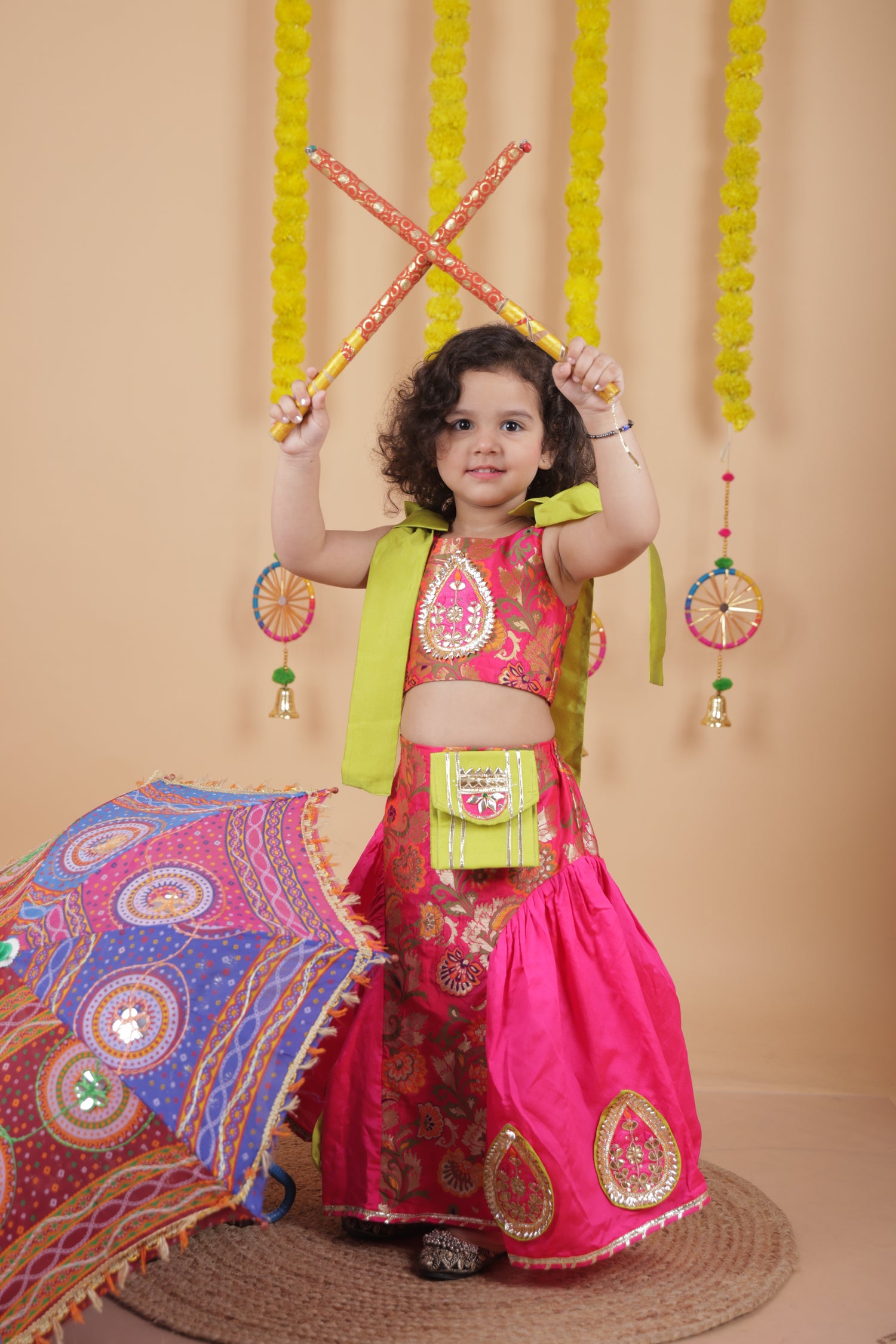 Pear Bear Stunning Bow Embellished Floral Top With Matching Lehenga And Attached Pouch