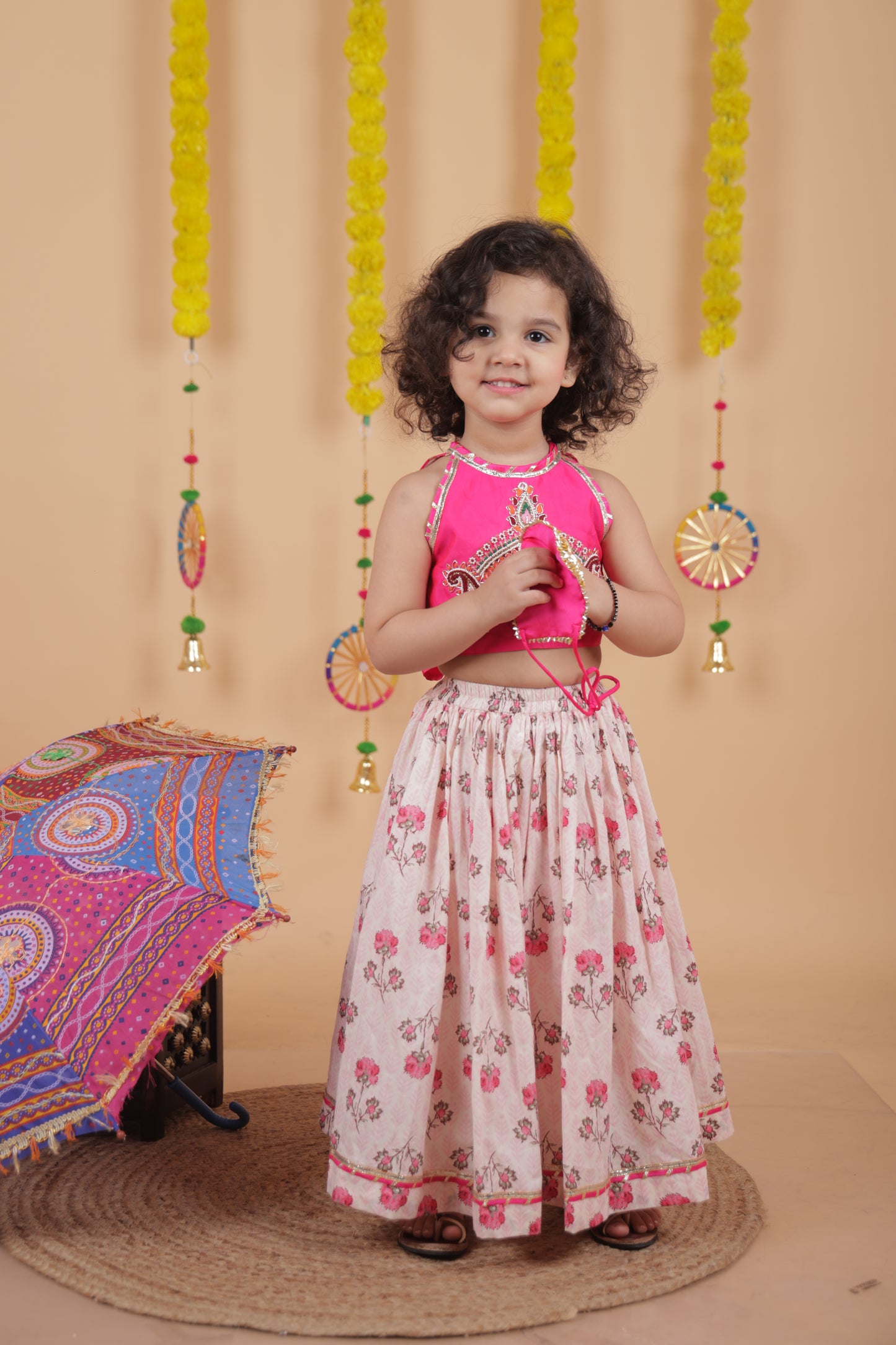 Pear Bear Goddess Embroidered Pink Top And Beautiful Tassels Embellished Lehenga With Matching Sling Bag