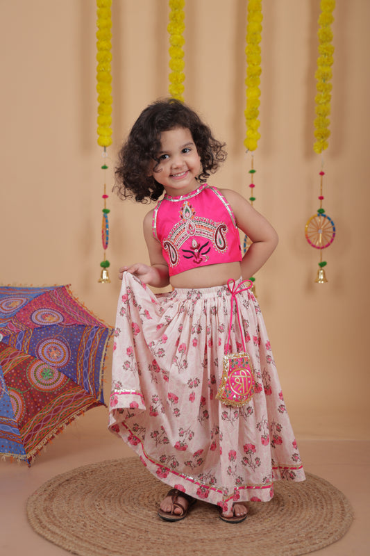 Pear Bear Goddess Embroidered Pink Top And Beautiful Tassels Embellished Lehenga With Matching Sling Bag
