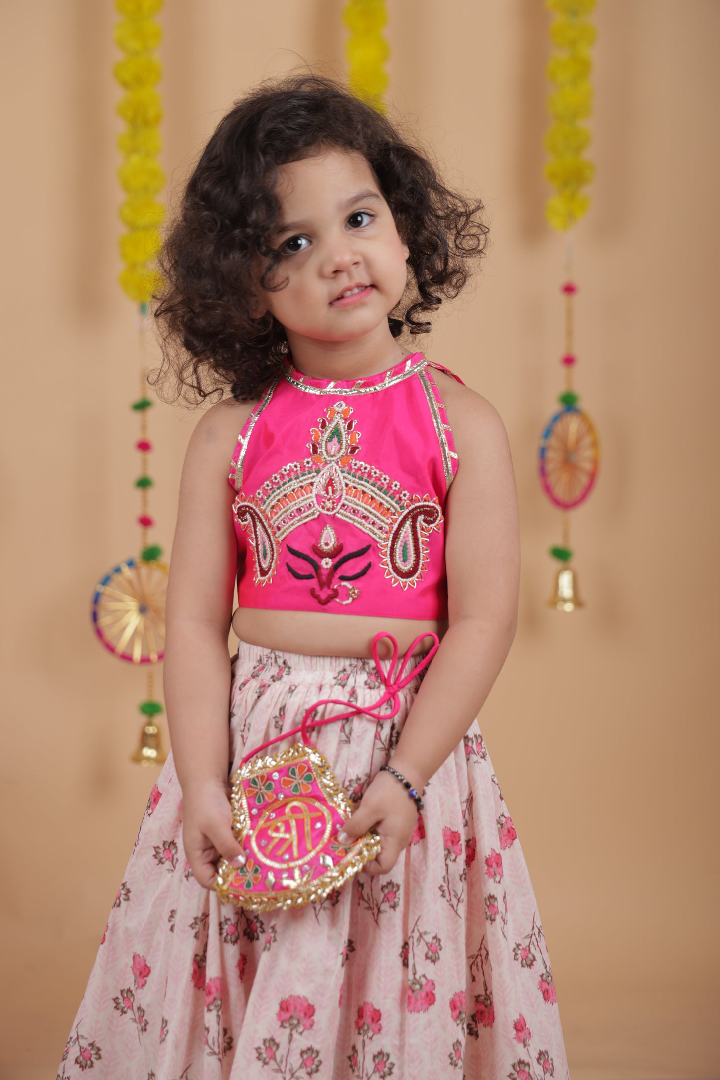 Pear Bear Goddess Embroidered Pink Top And Beautiful Tassels Embellished Lehenga With Matching Sling Bag